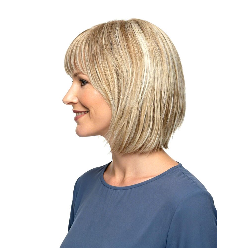 Blonde Perücke, Frau, Profilansicht, mittellang.