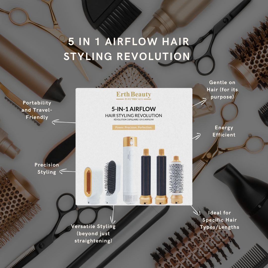 Erth Beauty 5-in-1 Airflow Haarstyling Revolution, umgeben von Friseurbedarf. Text: Power, Precision, Perfection. Verschiedene Aufsätze.