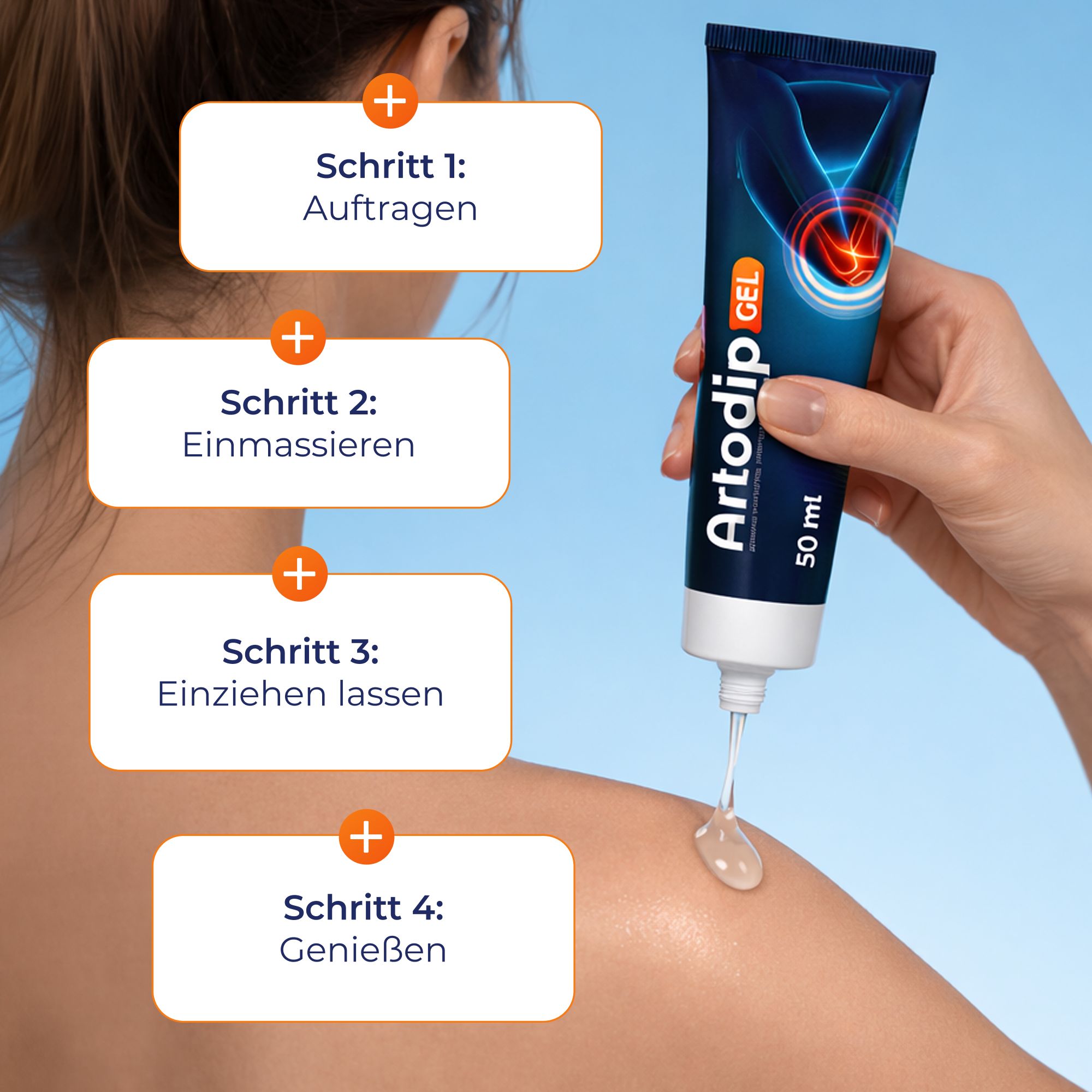Tube mit Gel wird auf Schulter aufgetragen. Schritte: Auftragen, einmassieren, einziehen lassen, genießen.
