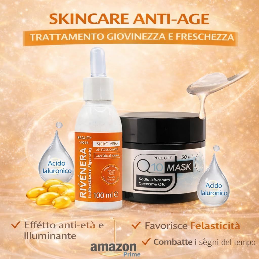Gesichtsserum-Flasche und Peel-Off-Maske. Text: Q10 Mask, Siero Viso, Acido Ialuronico. Gelbe Kapseln. Amazon Prime Logo.