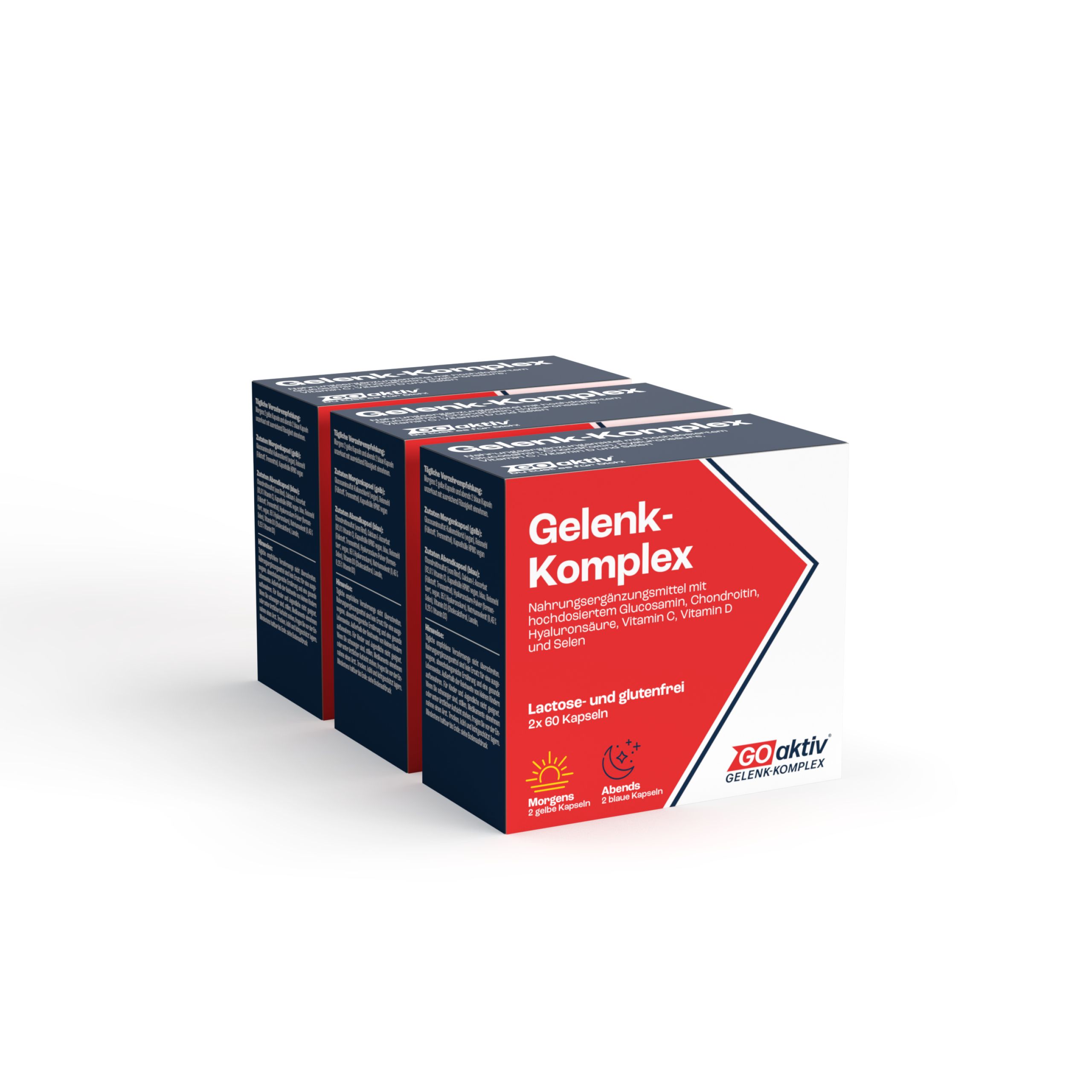 Drei Kartons GOaktiv® Gelenk-Komplex. Rote und weiße Verpackung mit Produktinformationen. Lactose- und glutenfrei.