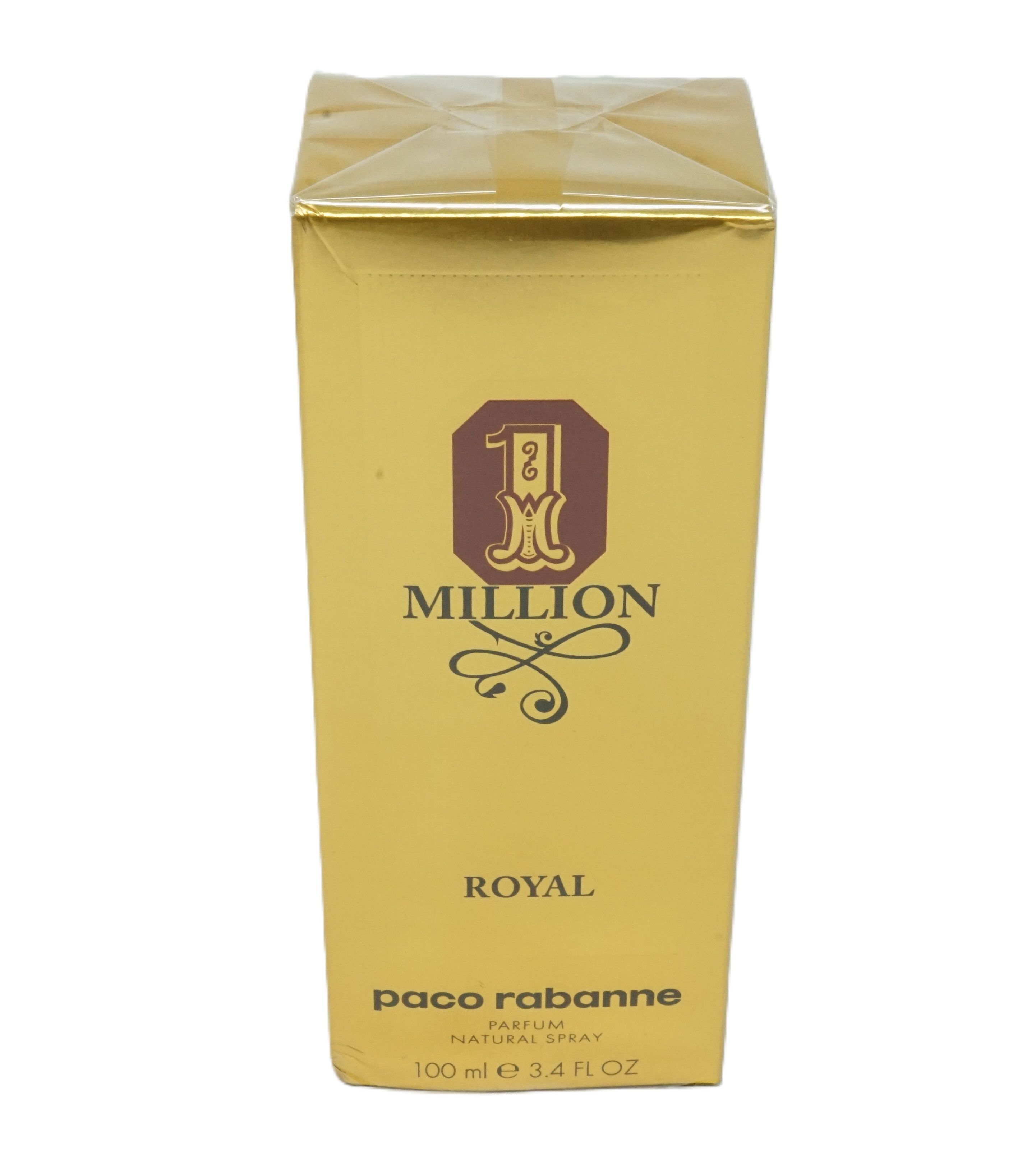 Goldfarbener Karton mit Logo und Schriftzug. Aufschrift: Million Royal, Paco Rabanne. Goldener Deckel.