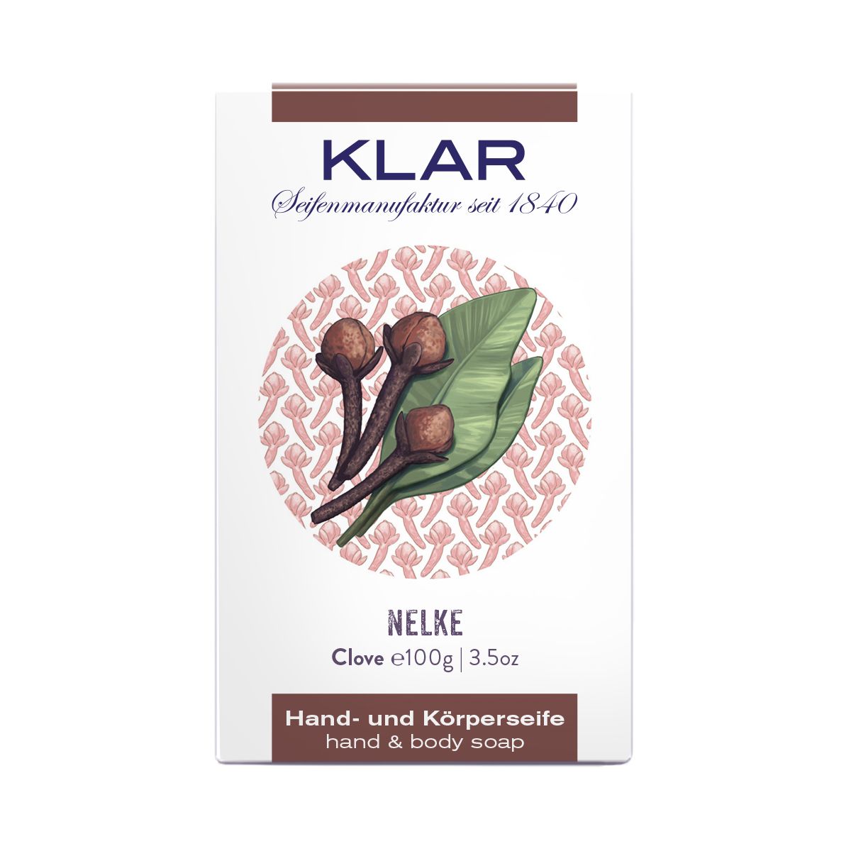 Klar Seifen Nelke Hand- und Körperseife Verpackung mit Nelkenmotiv, 100g.