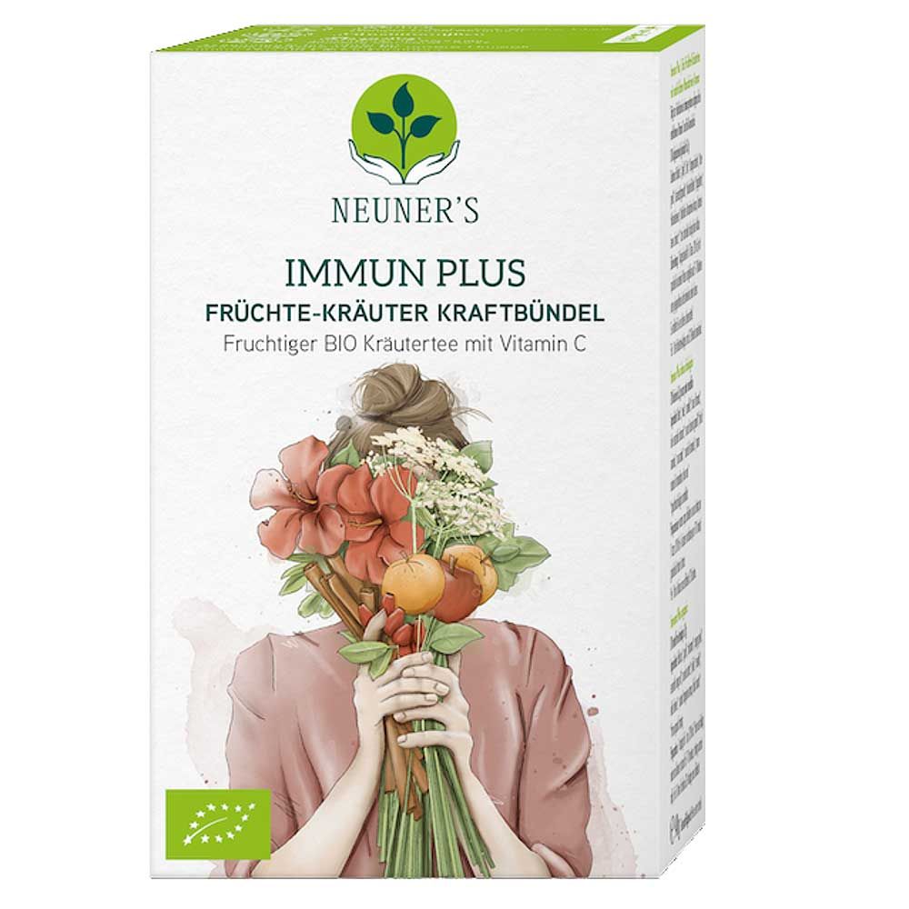 Verpackung von Neuner's Bio Immun Plus Früchte-Kräutertee. Aufschrift: Immun Plus, Früchte-Kräuter Kraftbündel. Bio-Siegel.
