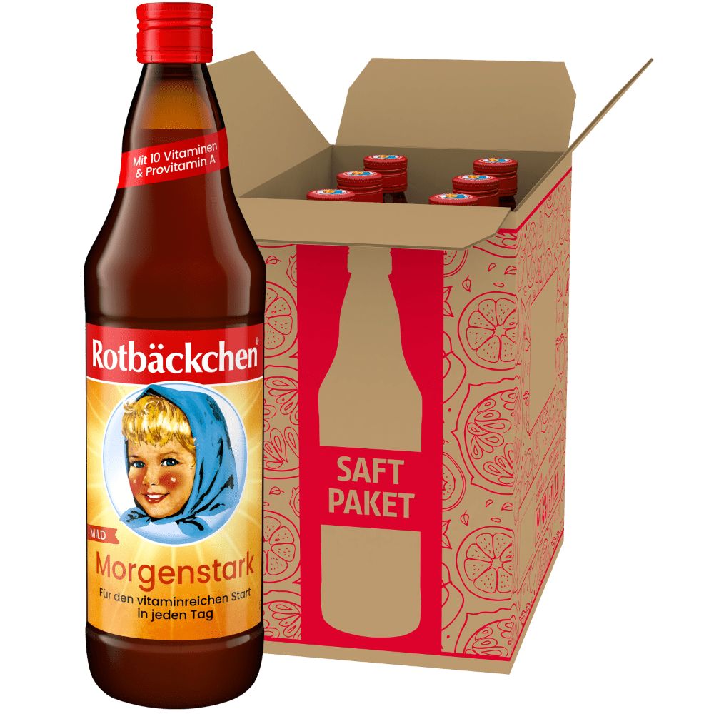 Eine Flasche Rotbäckchen Morgenstark neben einem Karton mit weiteren Flaschen. Aufdruck: Saft Paket.