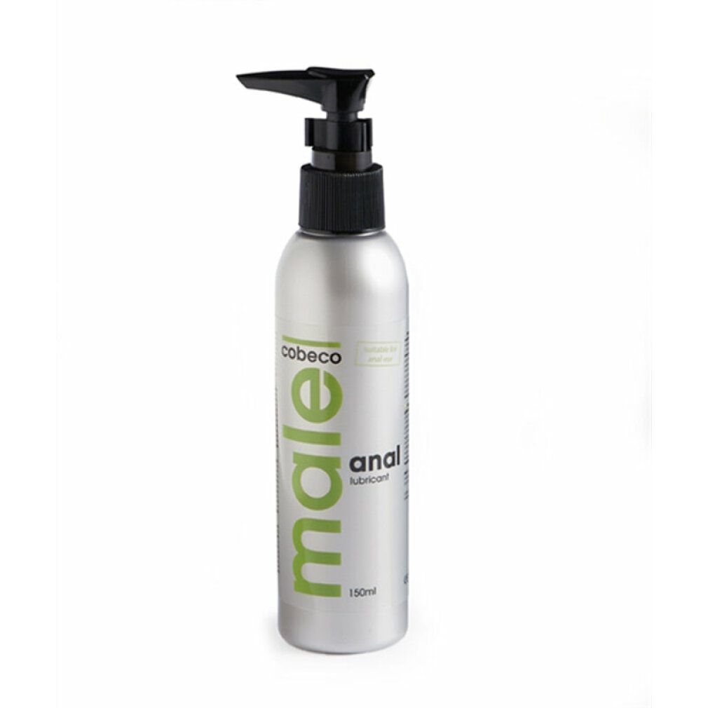 Silberne Flasche mit schwarzem Pumpkopf. Aufschrift: male anal lubricant. Marke: Cobeco.
