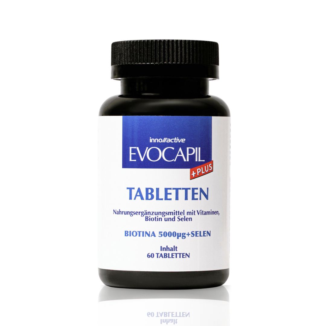 Tablettenfles met wit etiket. Bevat 60 tabletten. Tekst: Voedingssupplement met vitaminen, biotine en seleen.