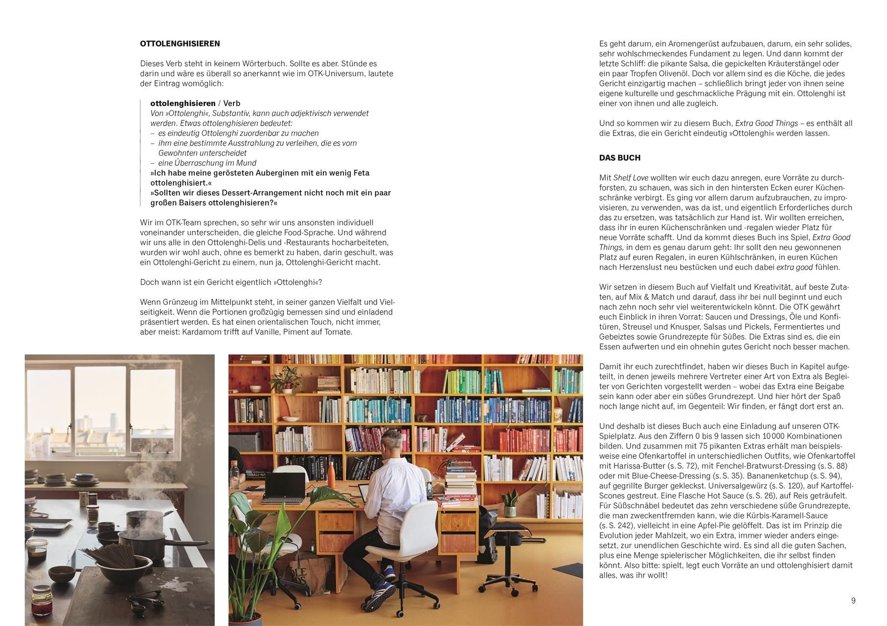 Buchseite mit Text und Bildern. Eine Person sitzt an einem Schreibtisch vor einem Bücherregal. Kochbuch-Layout.