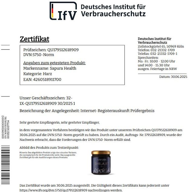 Zertifikat des Deutschen Instituts für Verbraucherschutz. Produkt: SAPURA Health Shilajit Harz. Norm: DVN:5750. Gültig bis 30.06.2025.