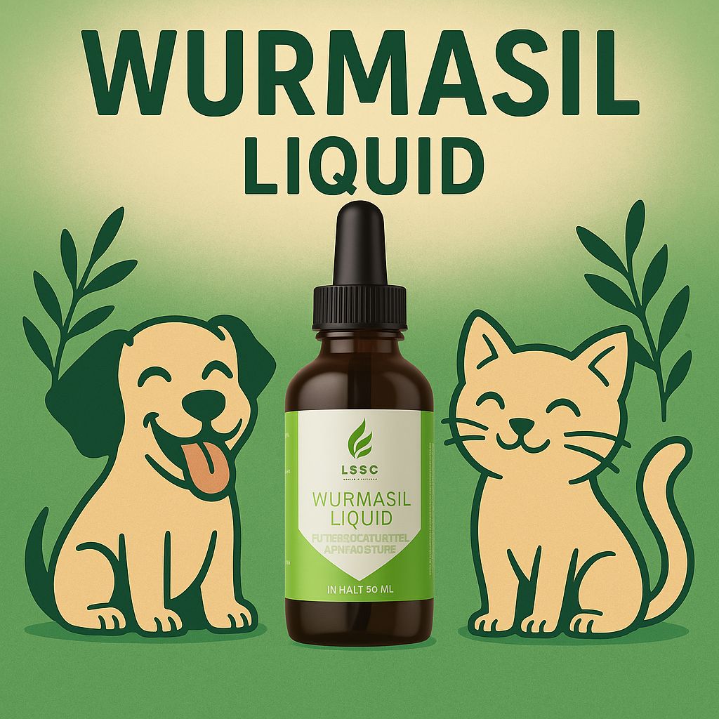 Flasche mit Tropfer, Wurmasil Liquid, neben Hund und Katze. Grün-gelber Hintergrund. Produktname und Logo deutlich sichtbar.