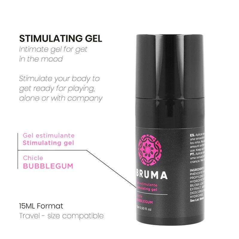 Schwarze Flasche mit Pumpspender, 15ml, mit rosa Mandala-Logo und Aufschrift "BRUMA".