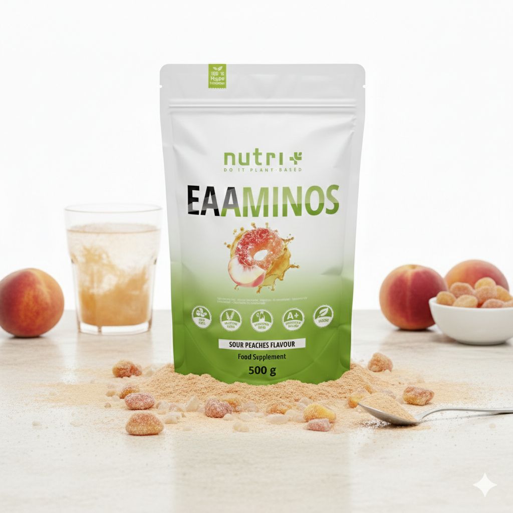 Ein Beutel mit essentiellen Aminosäuren, umgeben von Icons, die vegan, glutenfrei und laktosefrei sind.