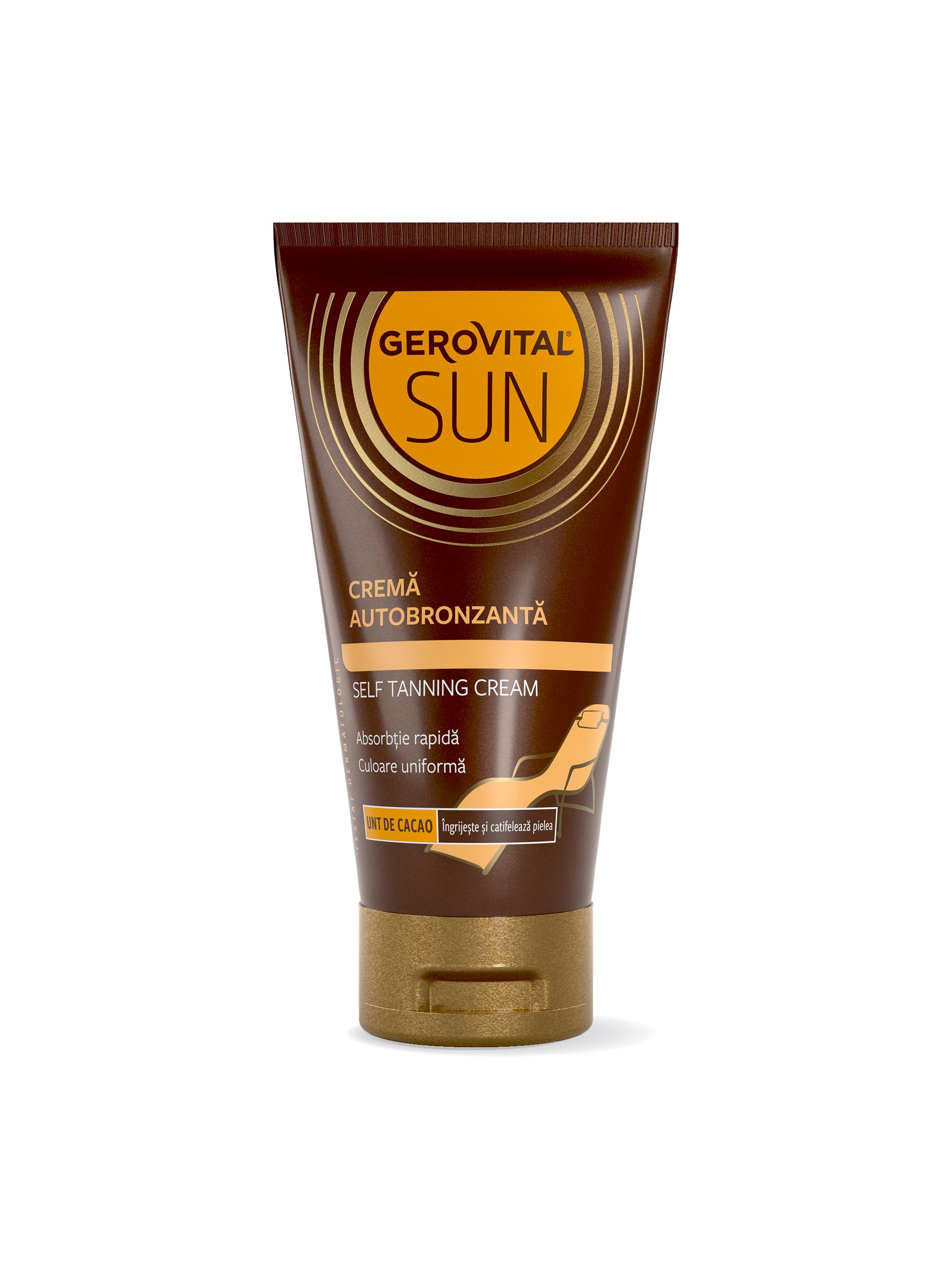 Braune Tube mit goldfarbenem Verschluss. Aufschrift: Gerovital Sun, Creme Autobronzanta, Self Tanning Cream.