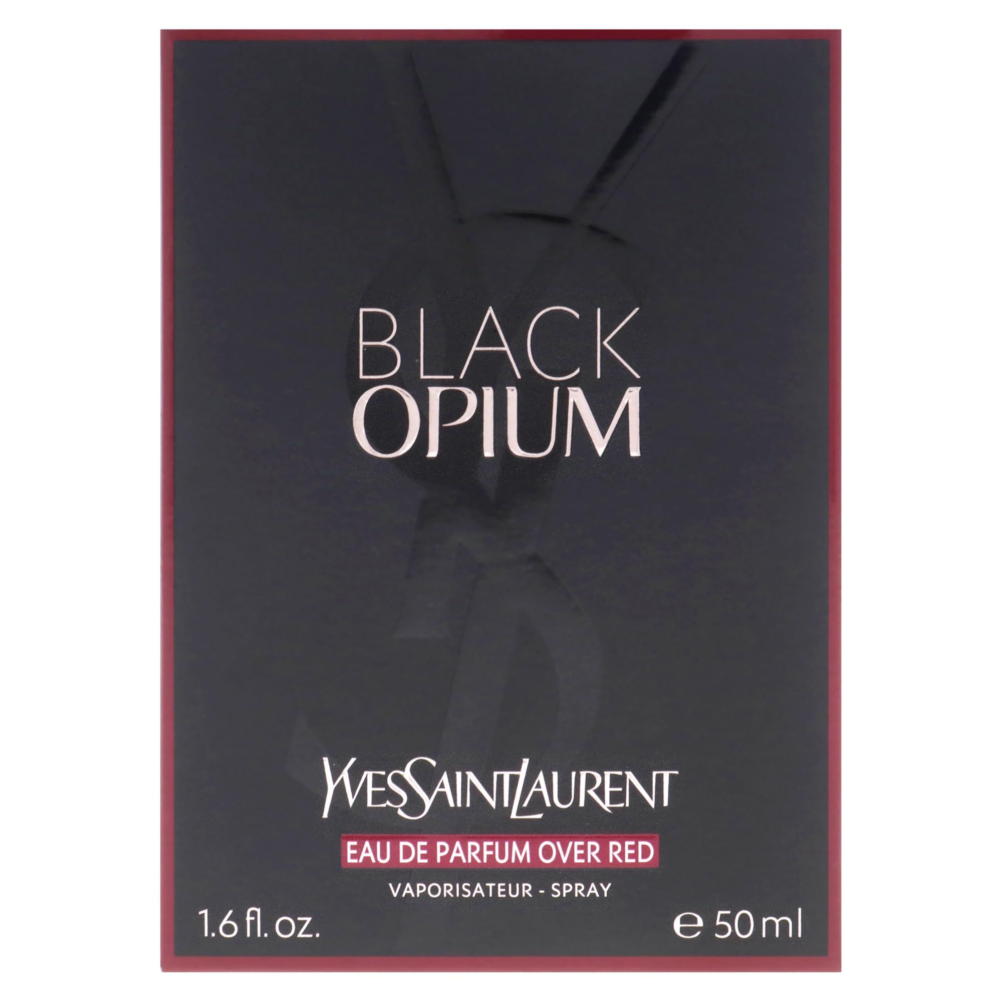 Schwarze Verpackung. Aufschrift 'BLACK OPIUM' und 'YVES SAINT LAURENT'. 'EAU DE PARFUM OVER RED'.