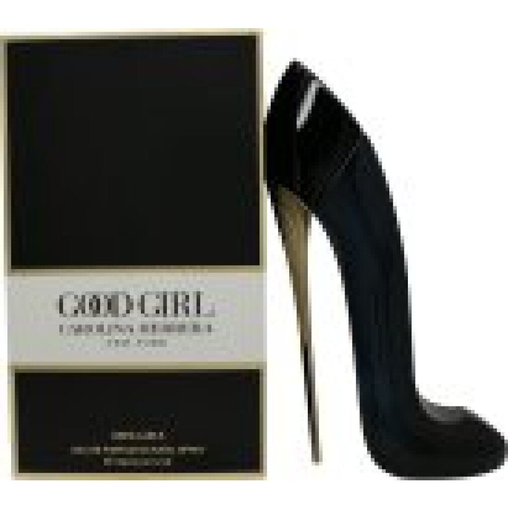 Schwarzer Flakon in High-Heel-Form und Verpackung. Goldene Akzente. Aufschrift: GOOD GIRL CAROLINA HERRERA NEW YORK.