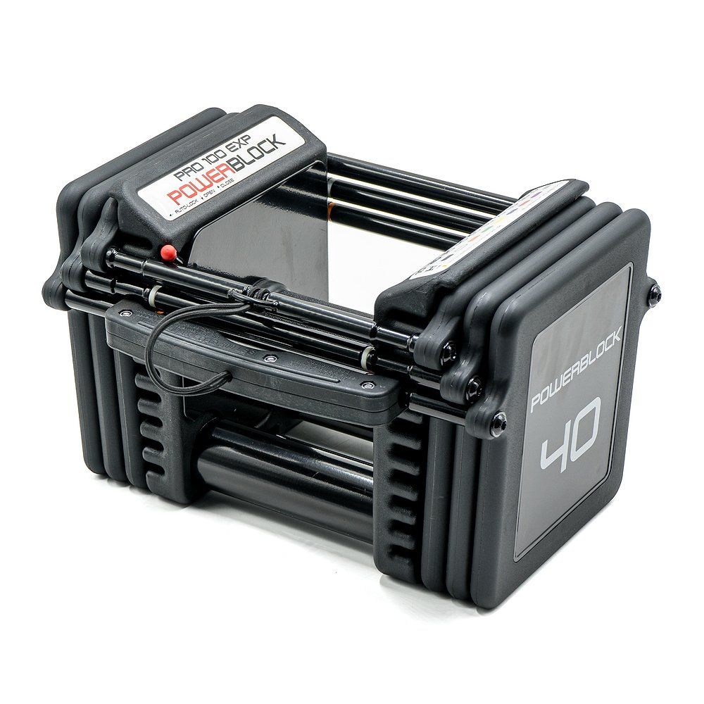 PowerBlock Pro 100 EXP Kurzhantel. Schwarze, rechteckige Form mit Gewichtsangabe "40". PowerBlock-Logo sichtbar.