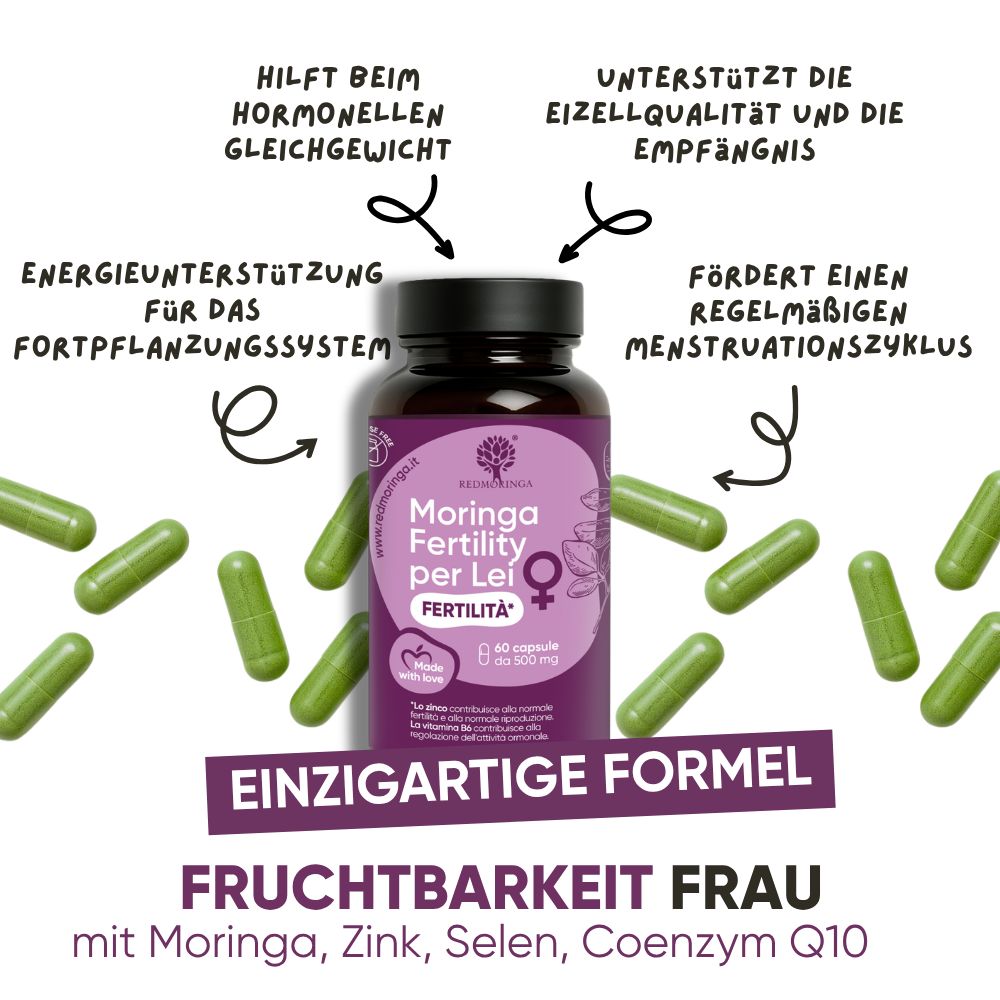 Flasche "Moringa Fertility per Lei" mit Inhaltsstoffen wie Magnesium, Vitamin B6, Folsäure.