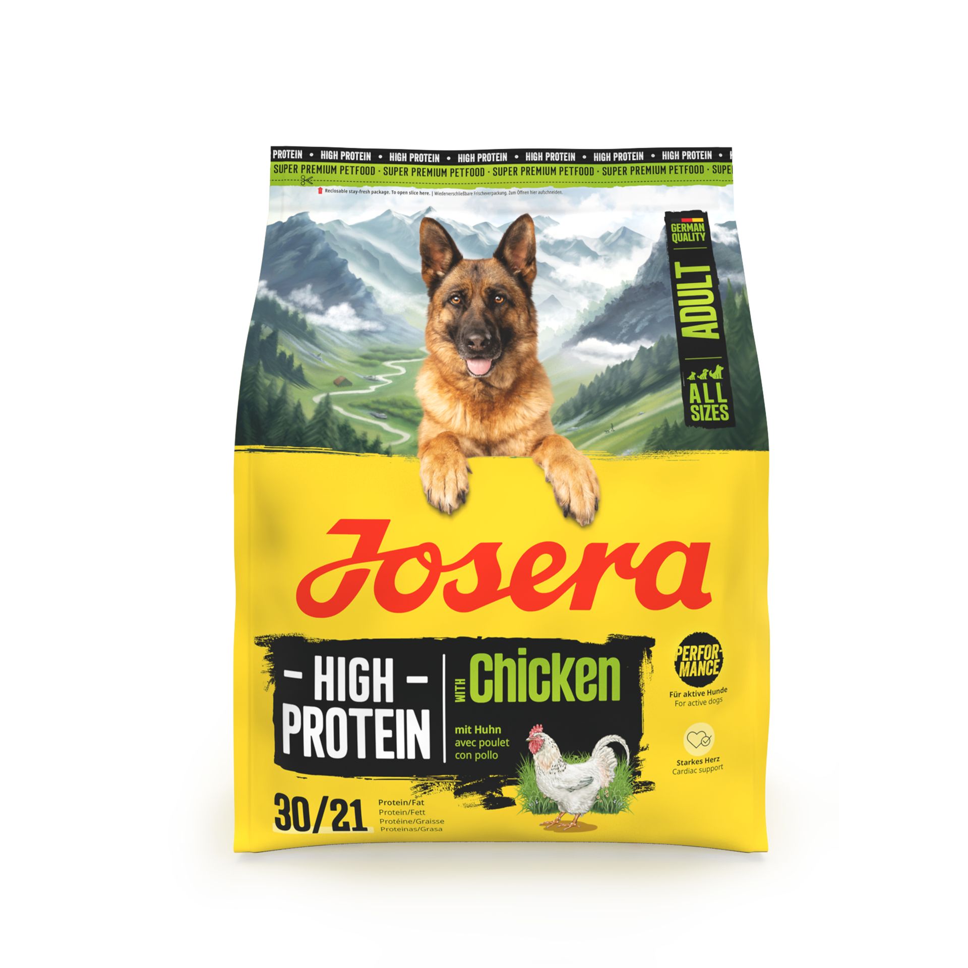 Josera High Protein Huhn Hundefutter-Sack mit Schäferhund-Motiv und Berglandschaft.