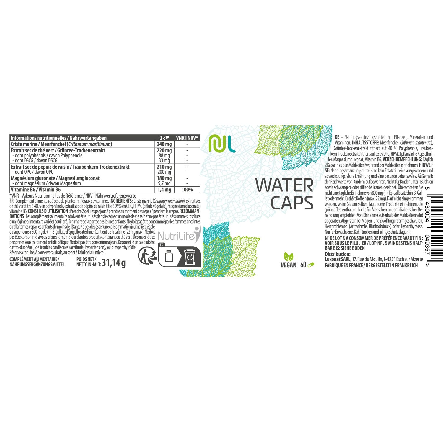 Etikett mit Produktinformationen. Text: Water Caps, vegan. Inhaltsstoffe und Nährwertangaben. Grün-weiße Blätter-Grafik.