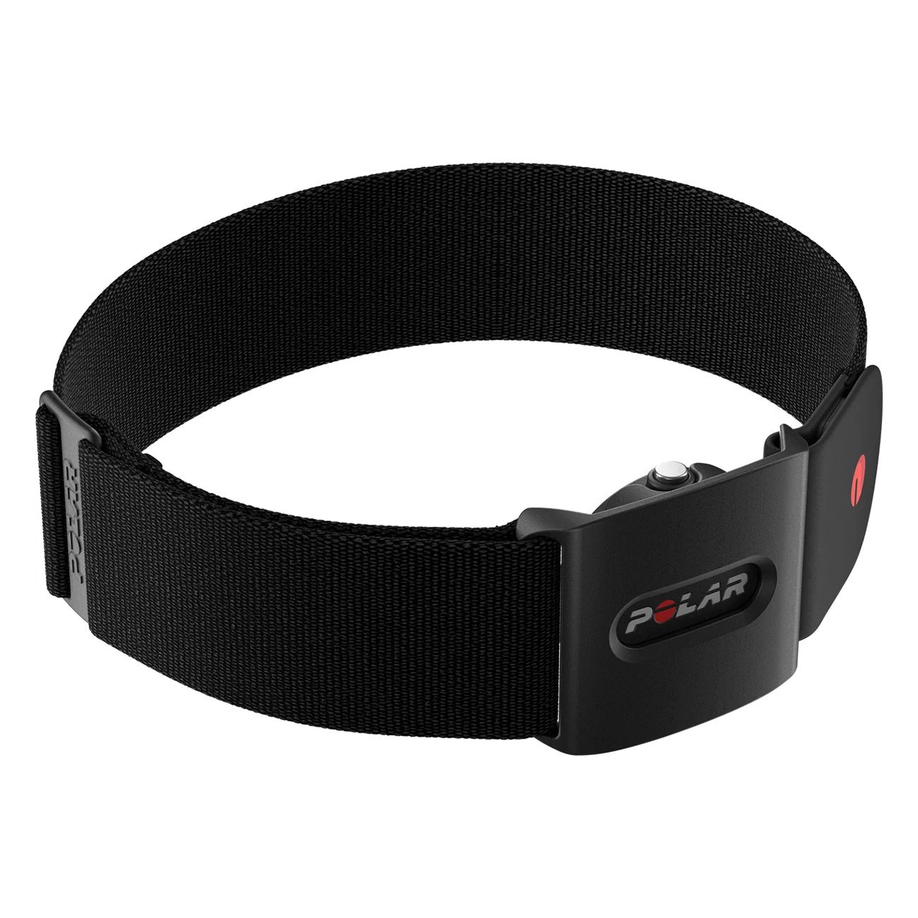 Schwarzer Polar-Herzfrequenzsensor mit Textilband und rotem Logo. Das Band ist mit einem Verschluss versehen.