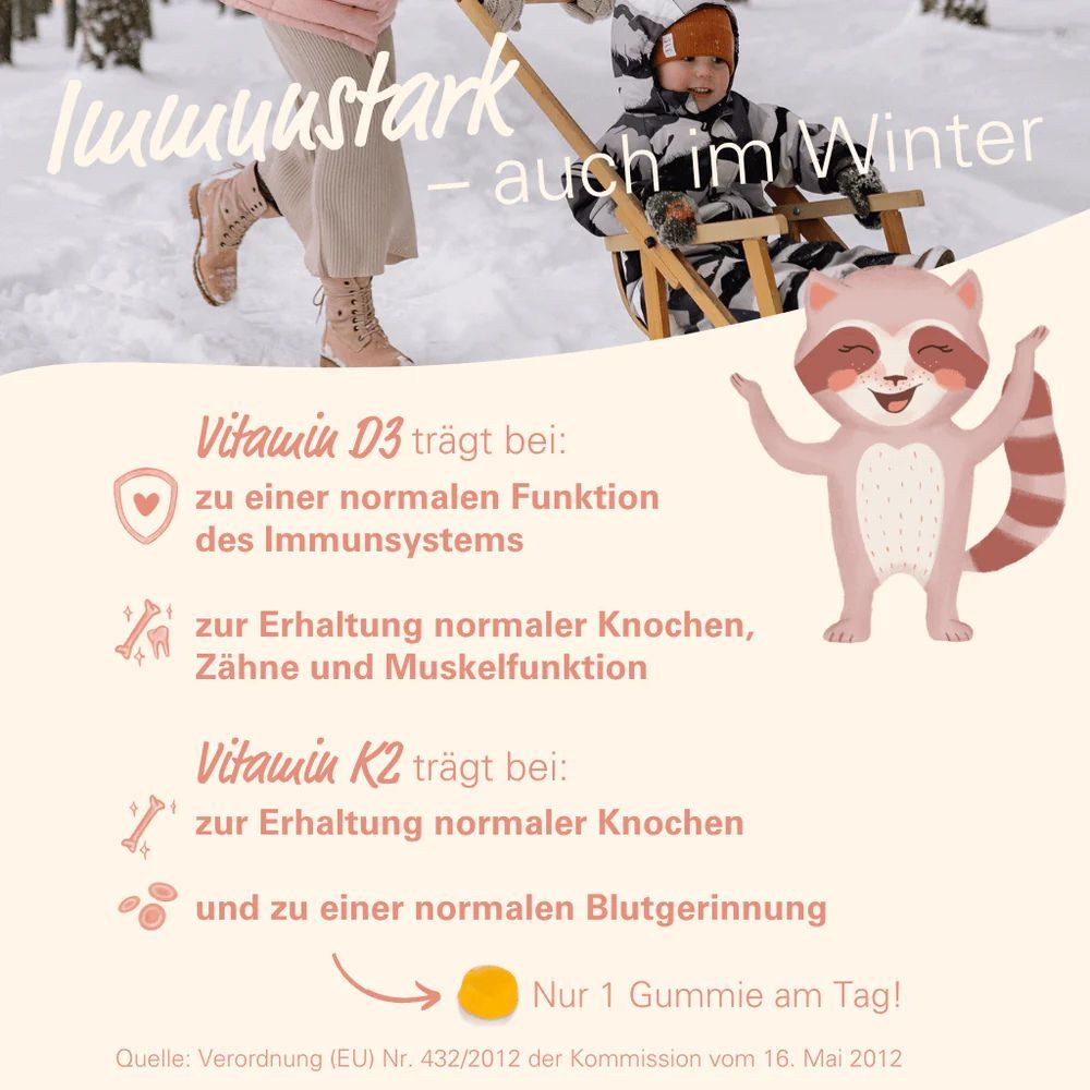 Illustration eines Waschbären. Text: Vitamin D3 trägt bei: Immunsystem, Knochen, Zähne, Muskelfunktion. Vitamin K2 trägt bei: Knochen, Blutgerinnung.