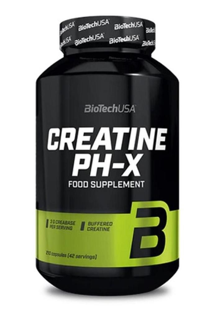 Schwarze Flasche mit weißer Aufschrift "Creatine PH-X" und grünem Akzent. Enthält 210 Kapseln. Marke: BioTechUSA.