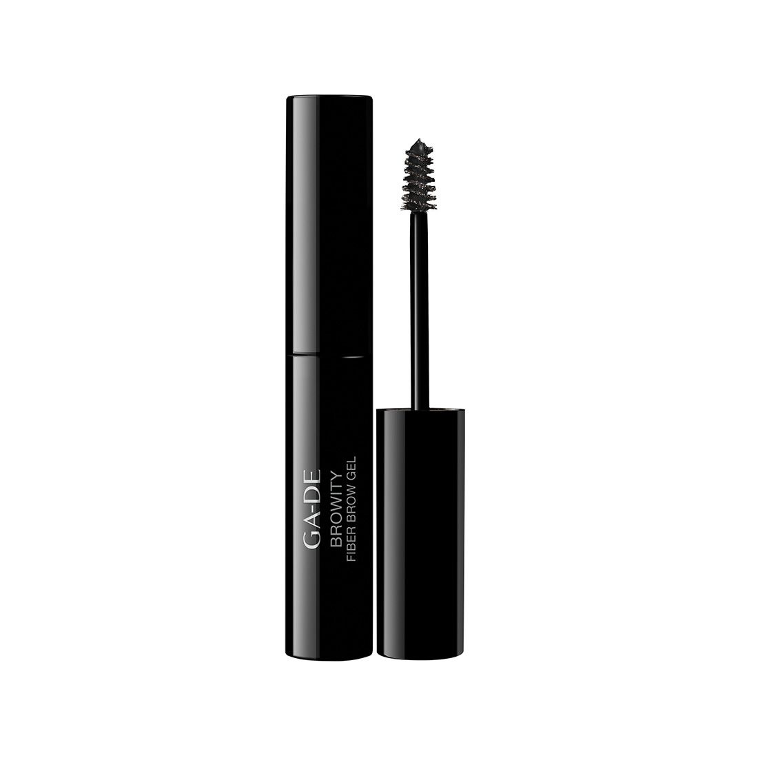 Schwarze Tube und Applikator. Auf der Tube steht "GA-DE BROWITY Fiber Brow Gel". Der Applikator hat eine Bürste.