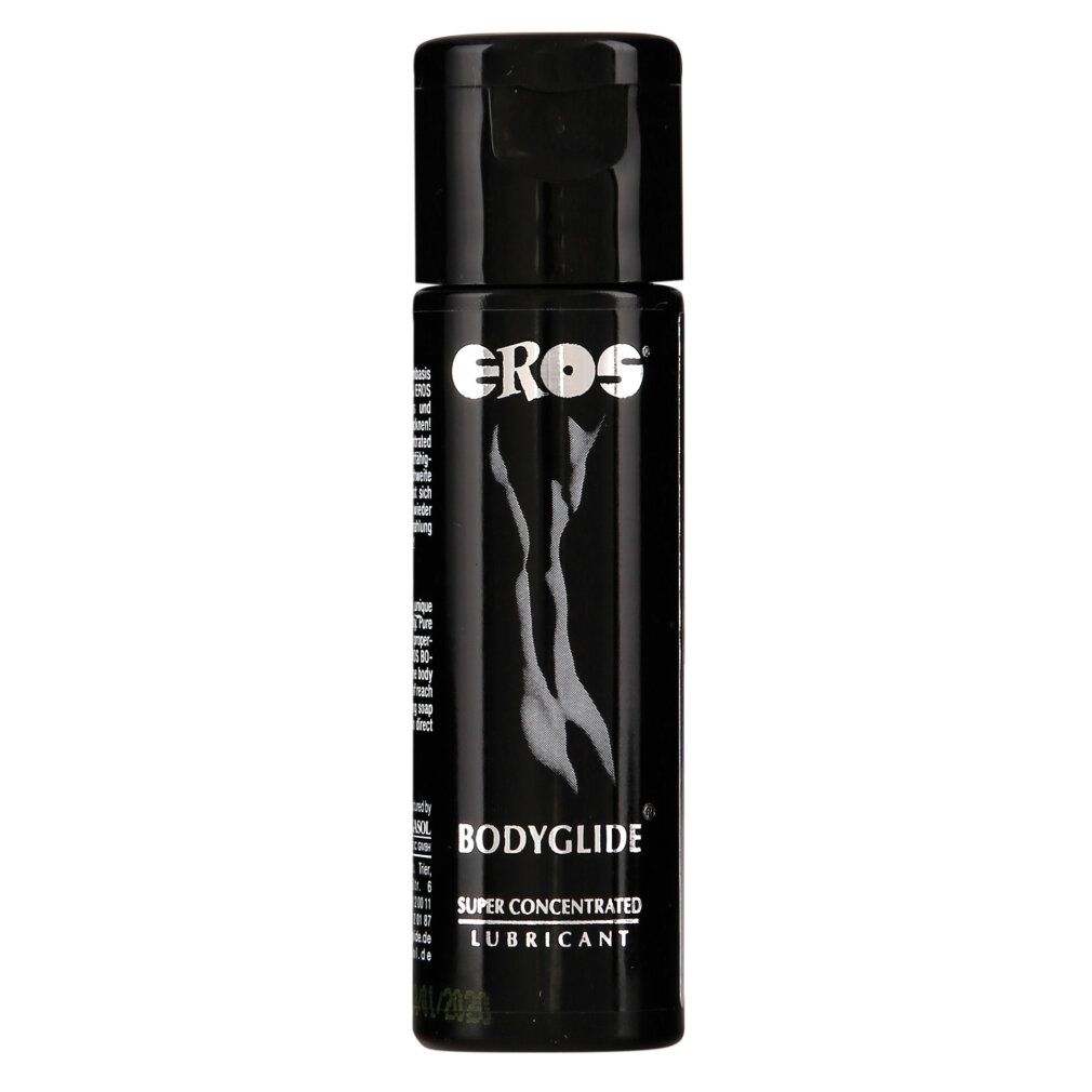 Schwarze Flasche mit Klappverschluss. Aufschrift: EROS, BODYGLIDE, SUPER CONCENTRATED LUBRICANT. Abbildung einer Frau.