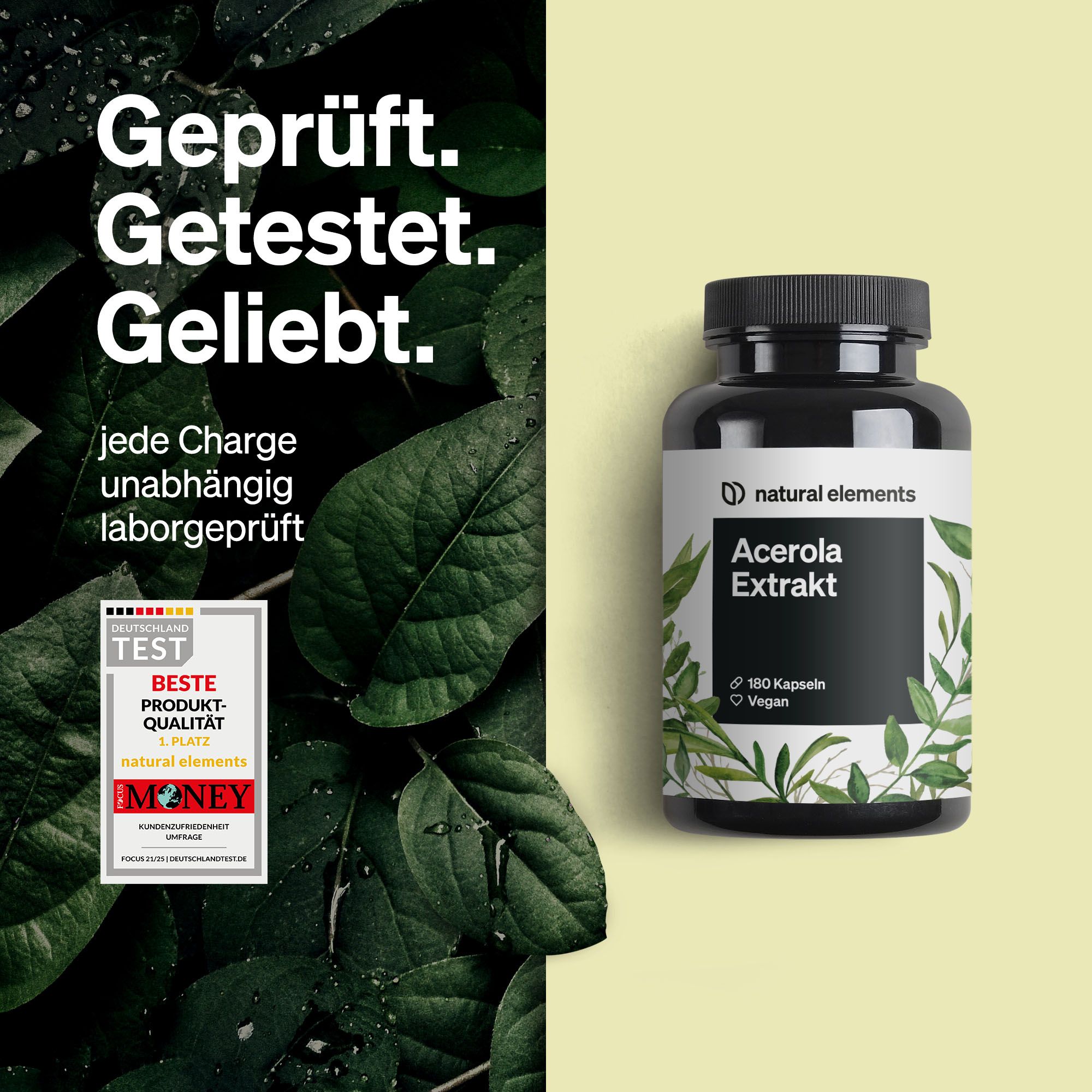 Schwarze Flasche mit weißem Etikett neben einem Test-Siegel. Text: Geprüft. Getestet. Geliebt. 180 Kapseln, Vegan.