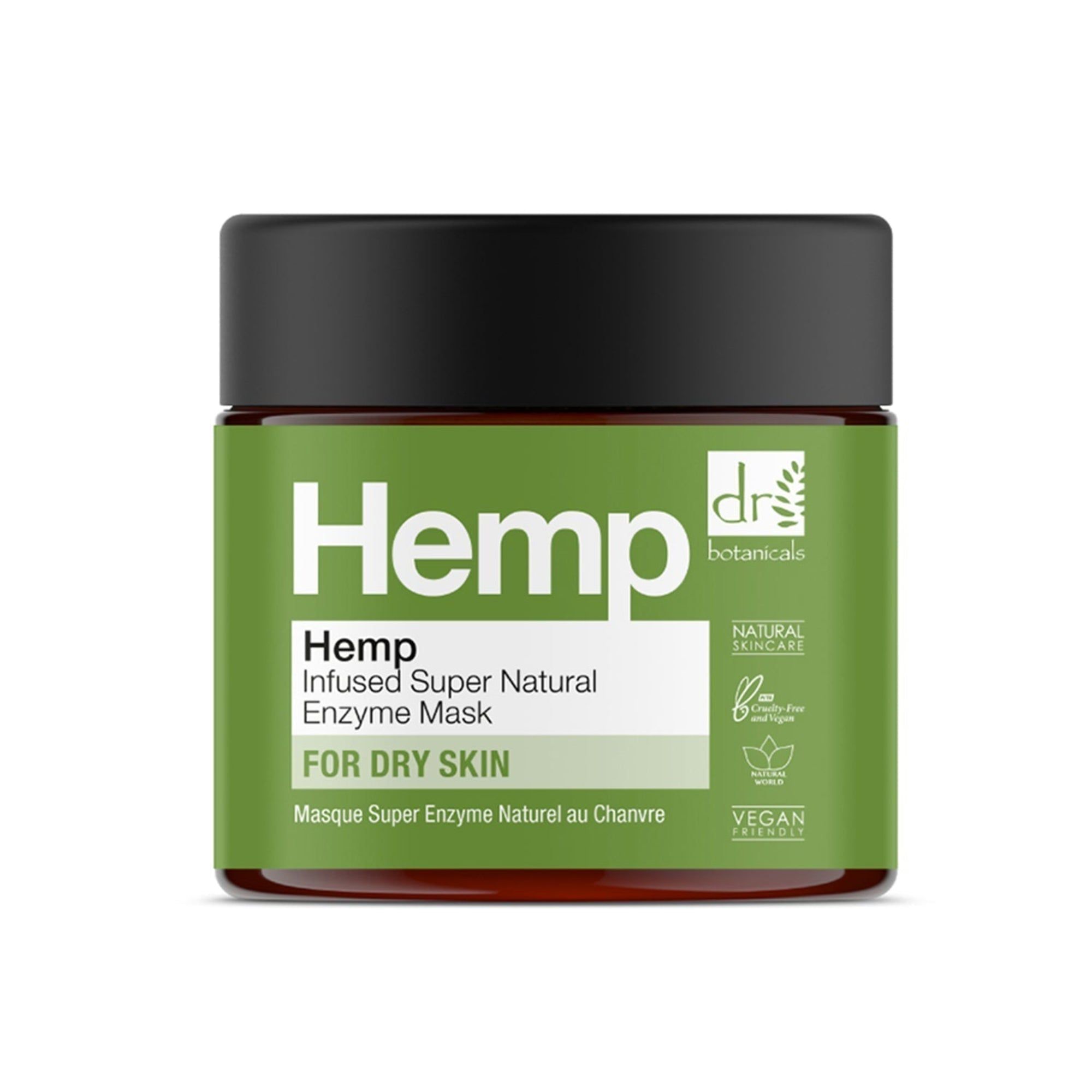 Grünes Glas mit schwarzem Deckel. Aufschrift: Hemp, Enzyme Maske, für trockene Haut. Vegan-Siegel.
