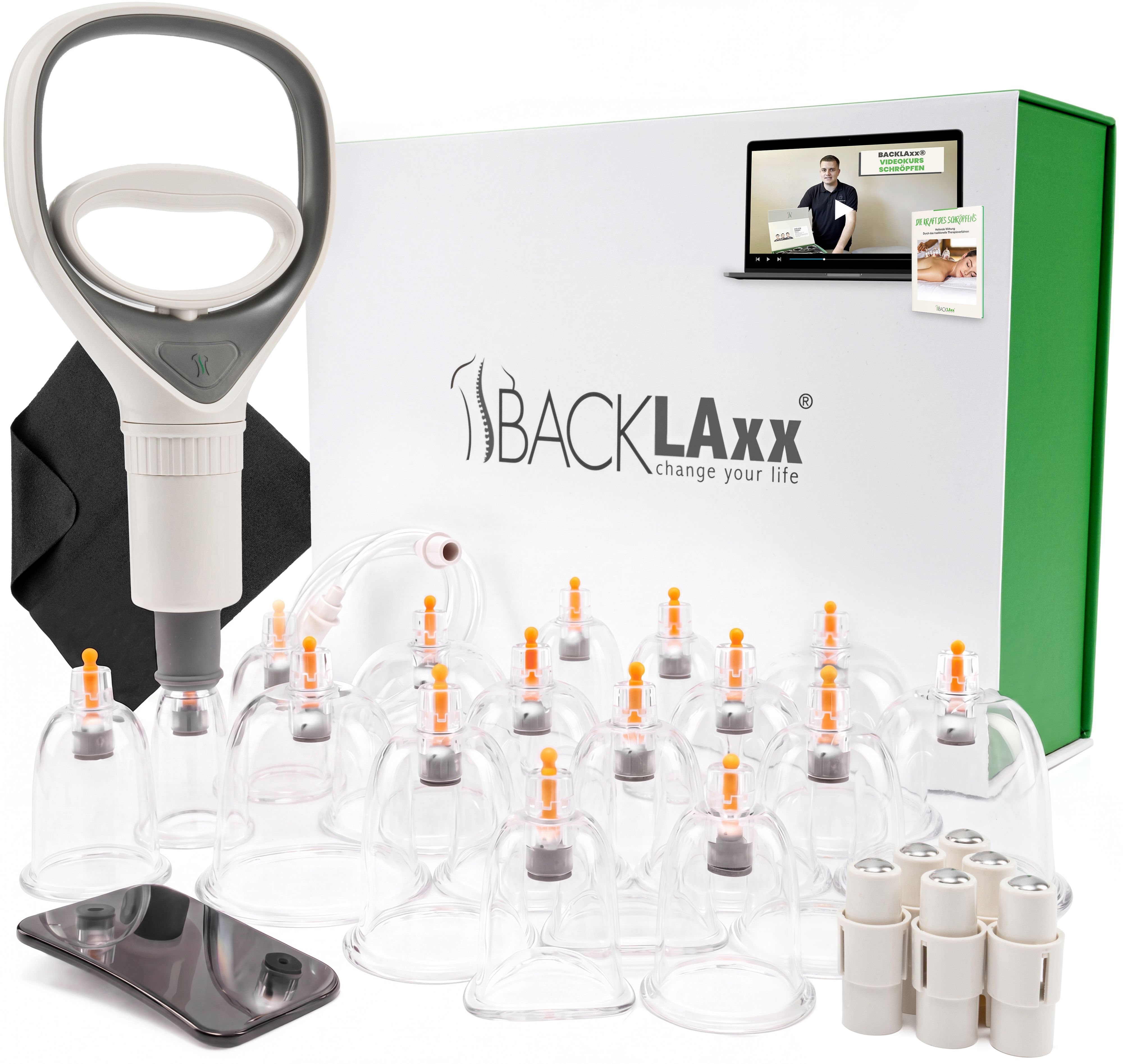 BACKLAxx Schröpfgläser Set mit Vakuumpumpe, Schlauch und 16 Gläsern in verschiedenen Größen.