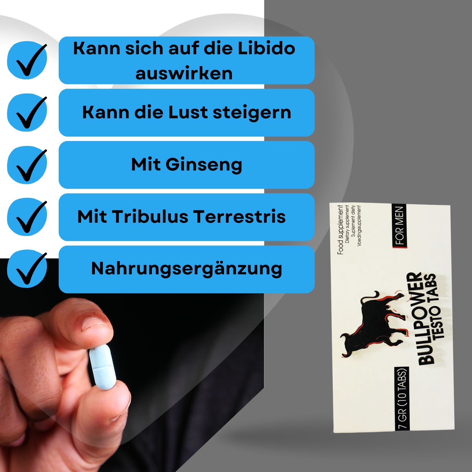 Hand hält blaue Tablette. Schachtel mit Aufschrift: Bullpower Testo Tabs, FOR MEN. Text in blauem Feld.