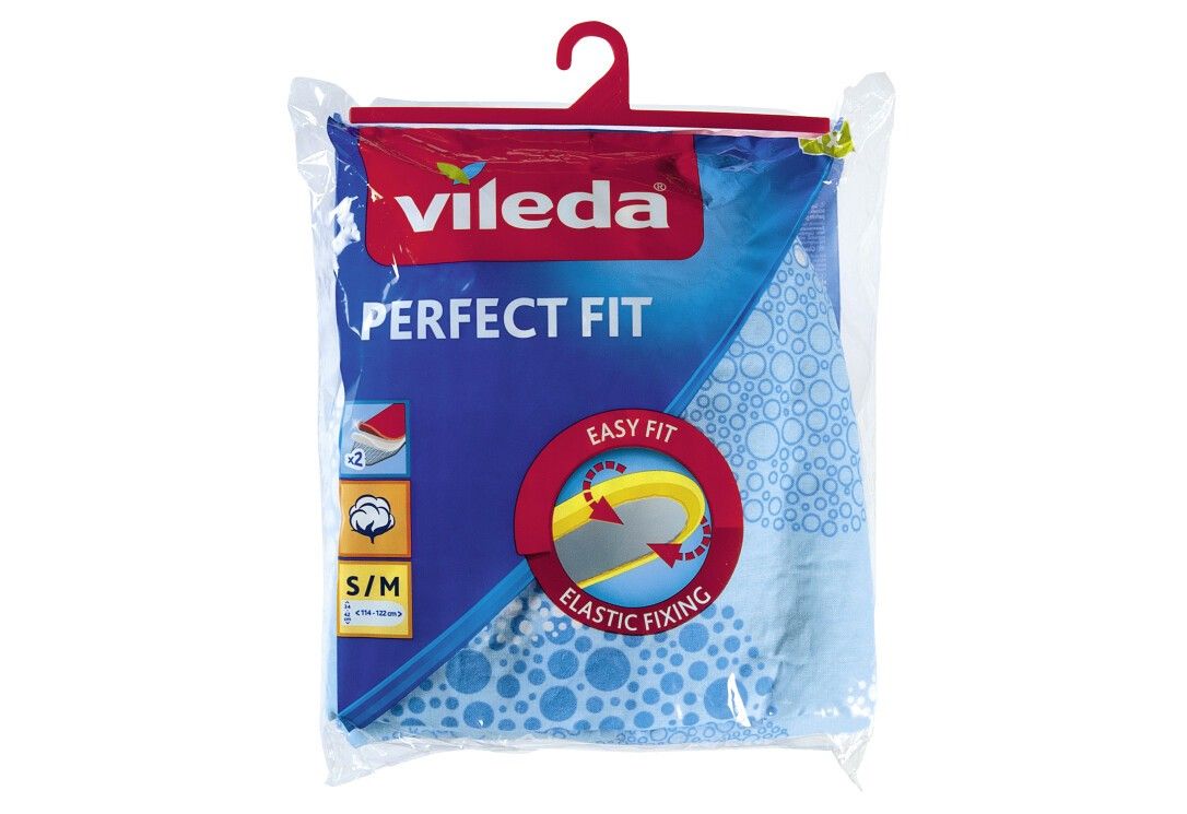 Bügelbezug in Verpackung. Marke Vileda, Modell Perfect Fit. Blaue Oberfläche mit Kreismuster. Elastische Befestigung. Größe S/M.