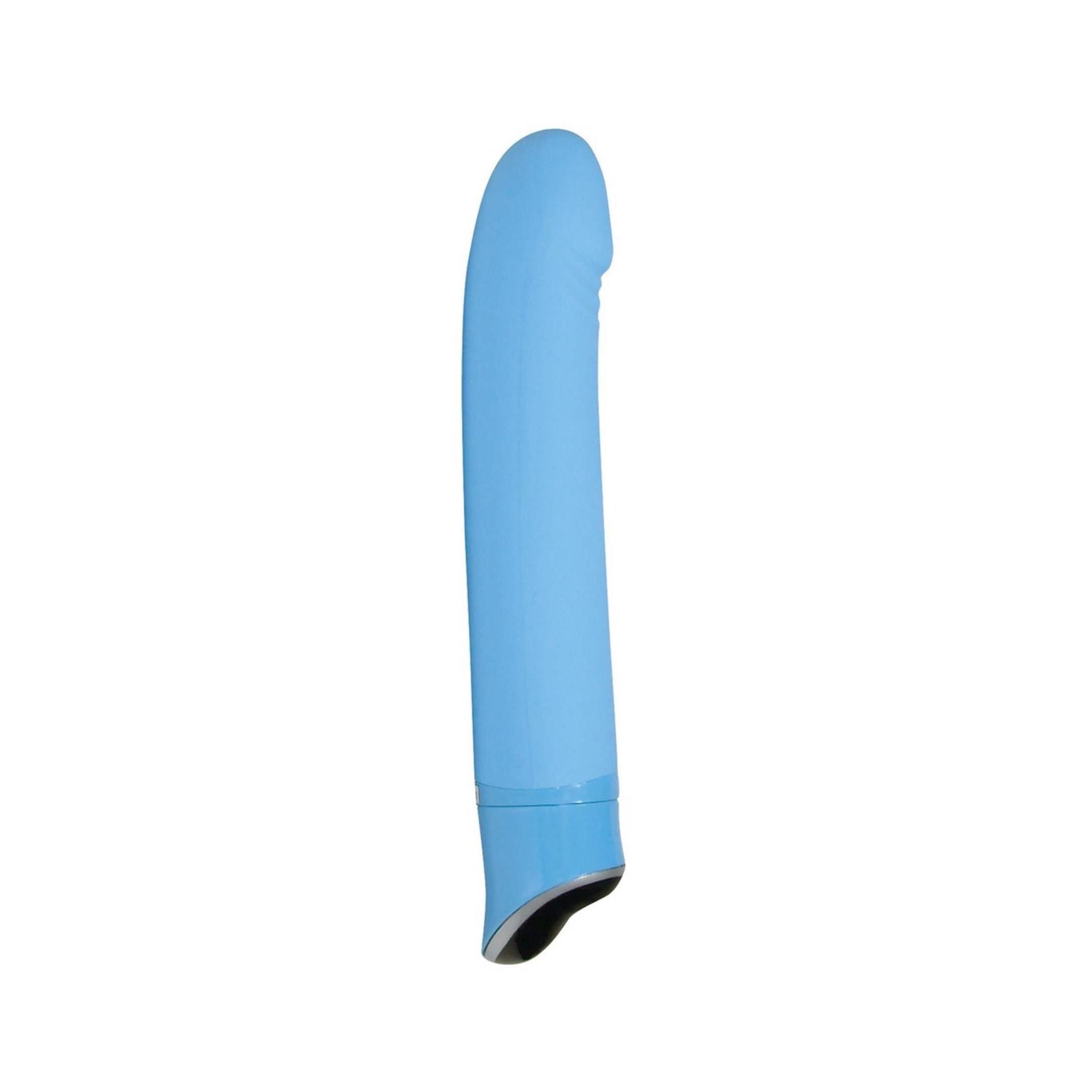 Blauer Vibrator. Zylindrische Form mit abgerundeter Spitze. Unterteil mit Bedienfeld. Produktname nicht sichtbar.