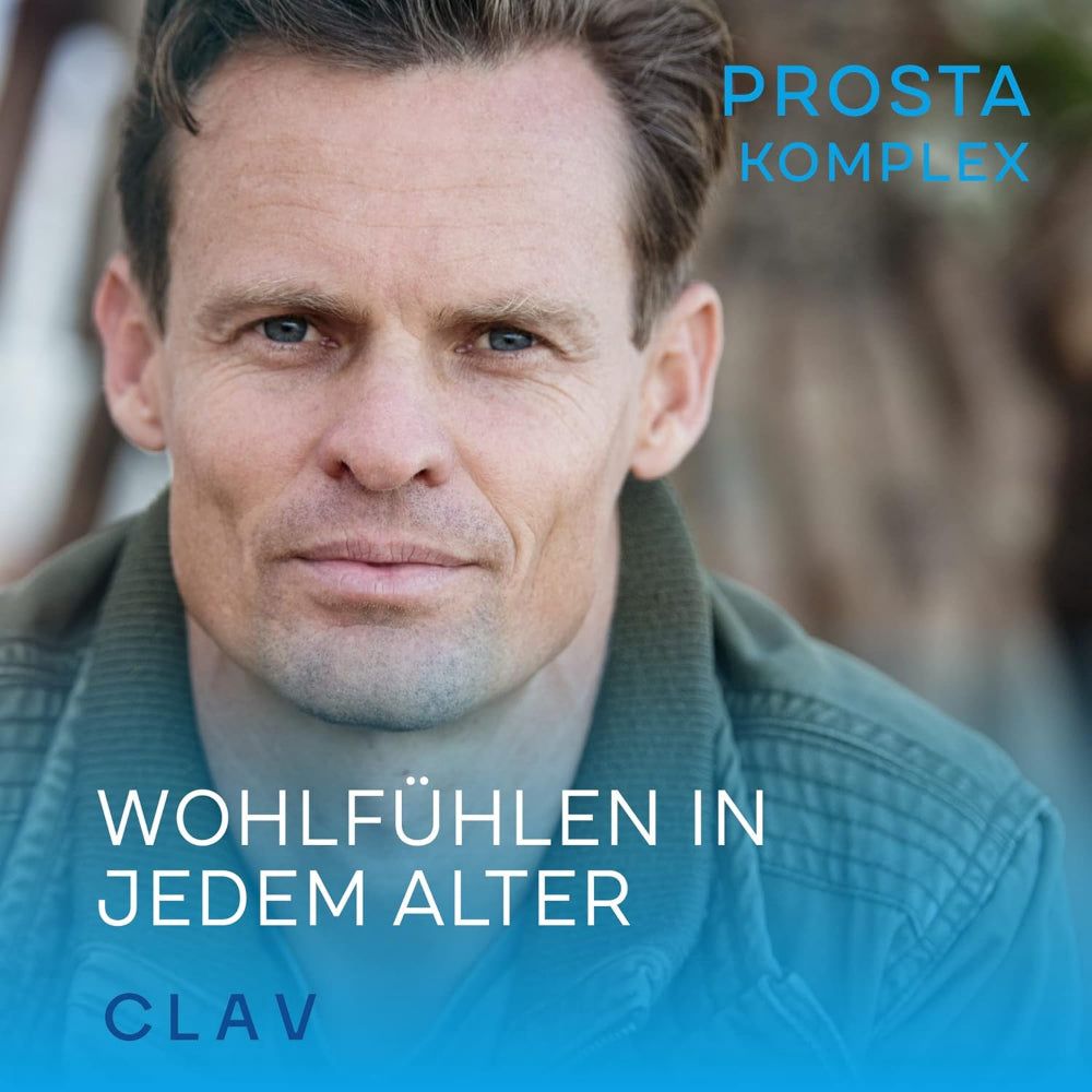 Porträt eines Mannes. Text: Wohlfühlen in jedem Alter. Marke: CLAV. Hintergrund blau.