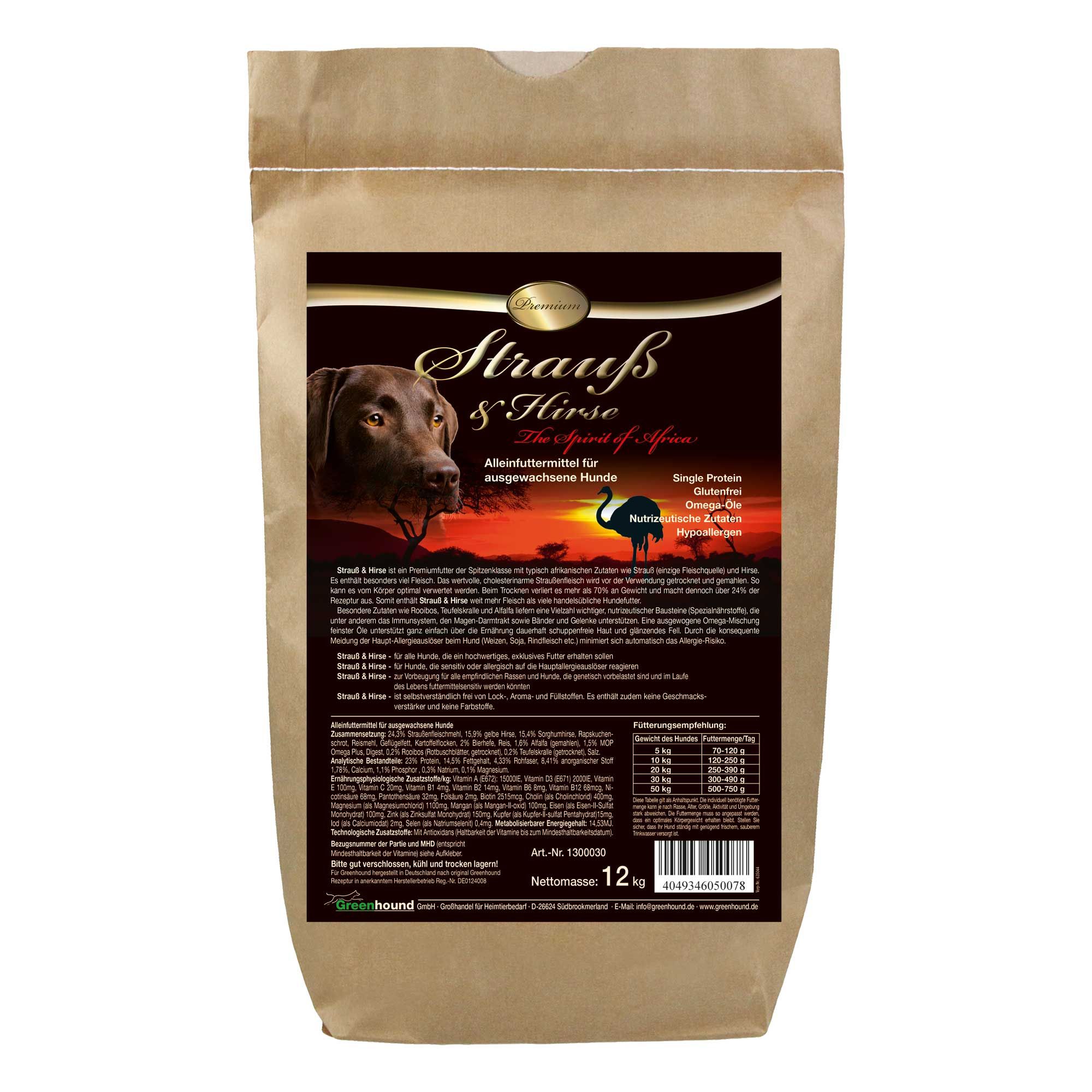 Beutel mit Trockenfutter. Aufdruck: Strauß & Hirse, Hund, Landschaft, Text. 12 kg.