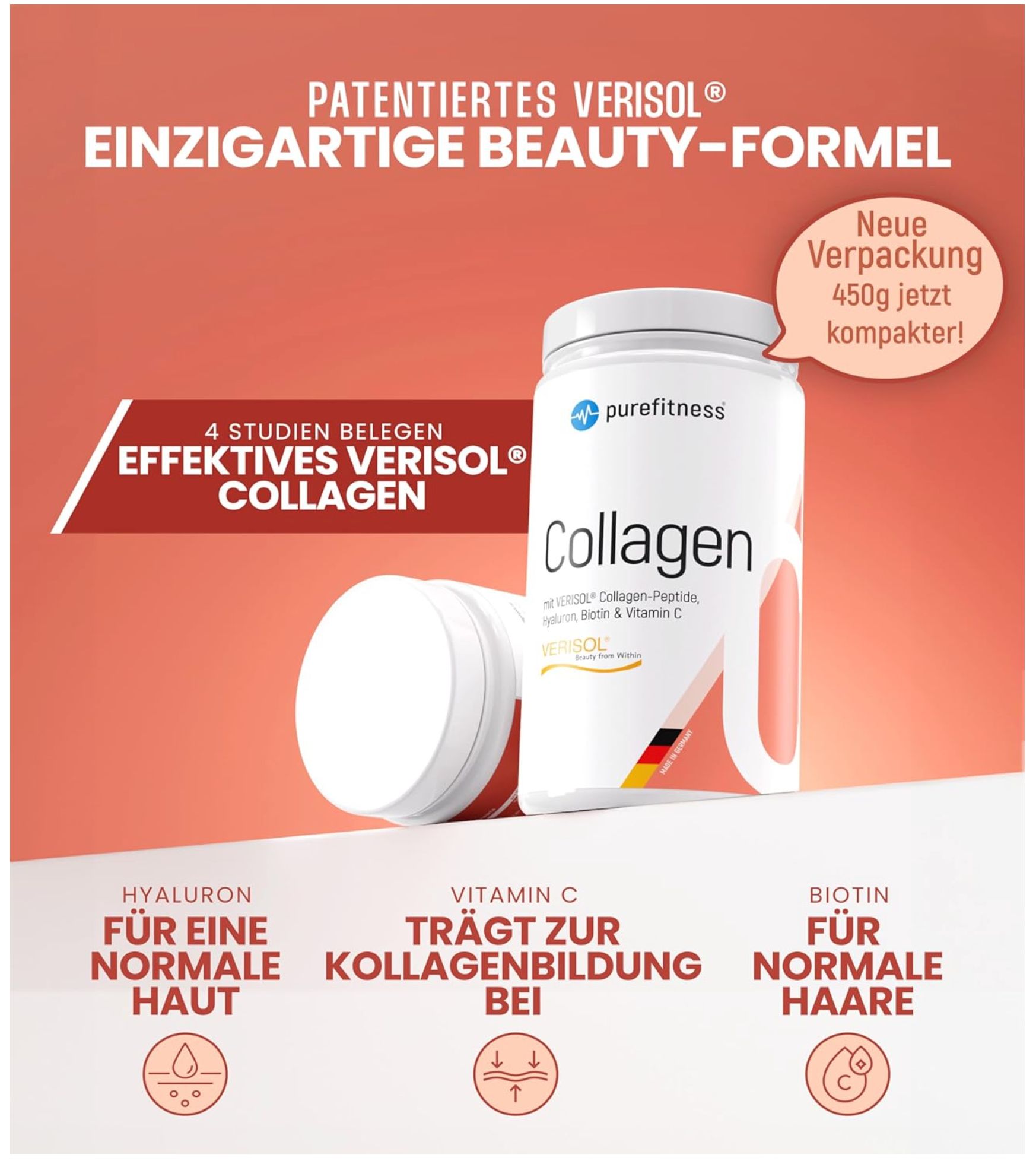 Werbung mit Dose "Collagen" von purefitness. Text: Patentierte VERISOL Formel, 4 Studien belegen effektives VERISOL Collagen.