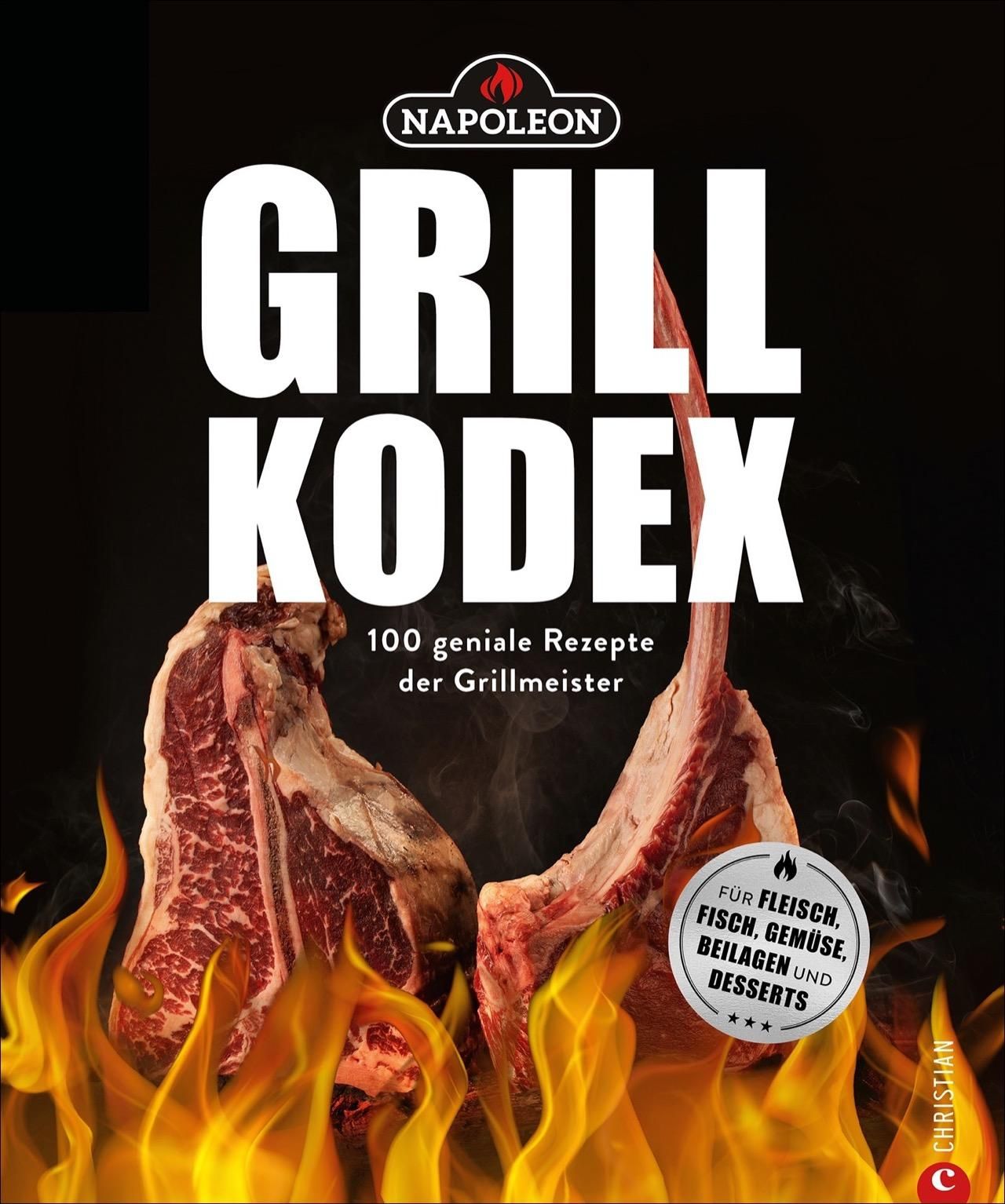 Buchcover mit Titel GRILL KODEX, Marke NAPOLEON. Abgebildet sind Fleischstücke und Flammen. Text: 100 geniale Rezepte.