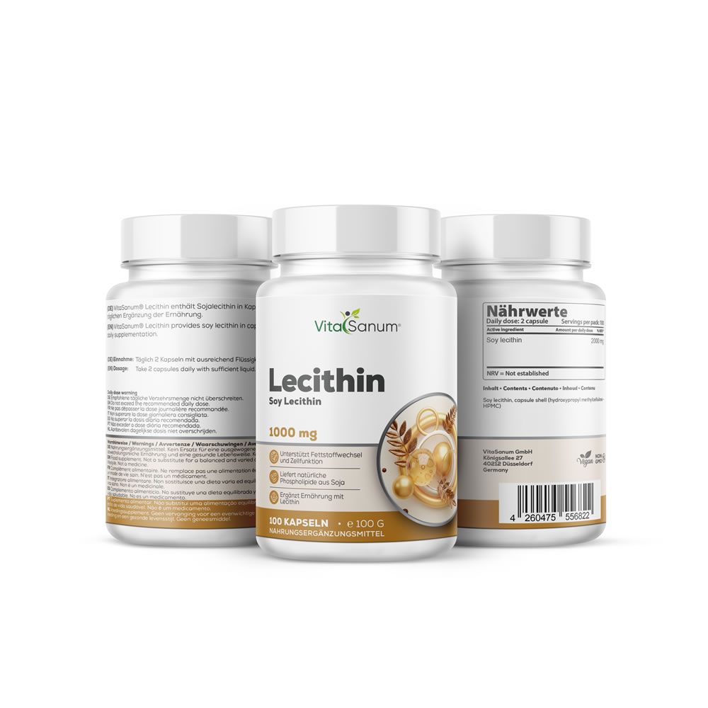 Drei weiße Flaschen mit VitaSanum Lecithin-Kapseln. Aufschrift: Lecithin, 1000 mg, 100 Kapseln. Braune Etiketten mit Informationen.