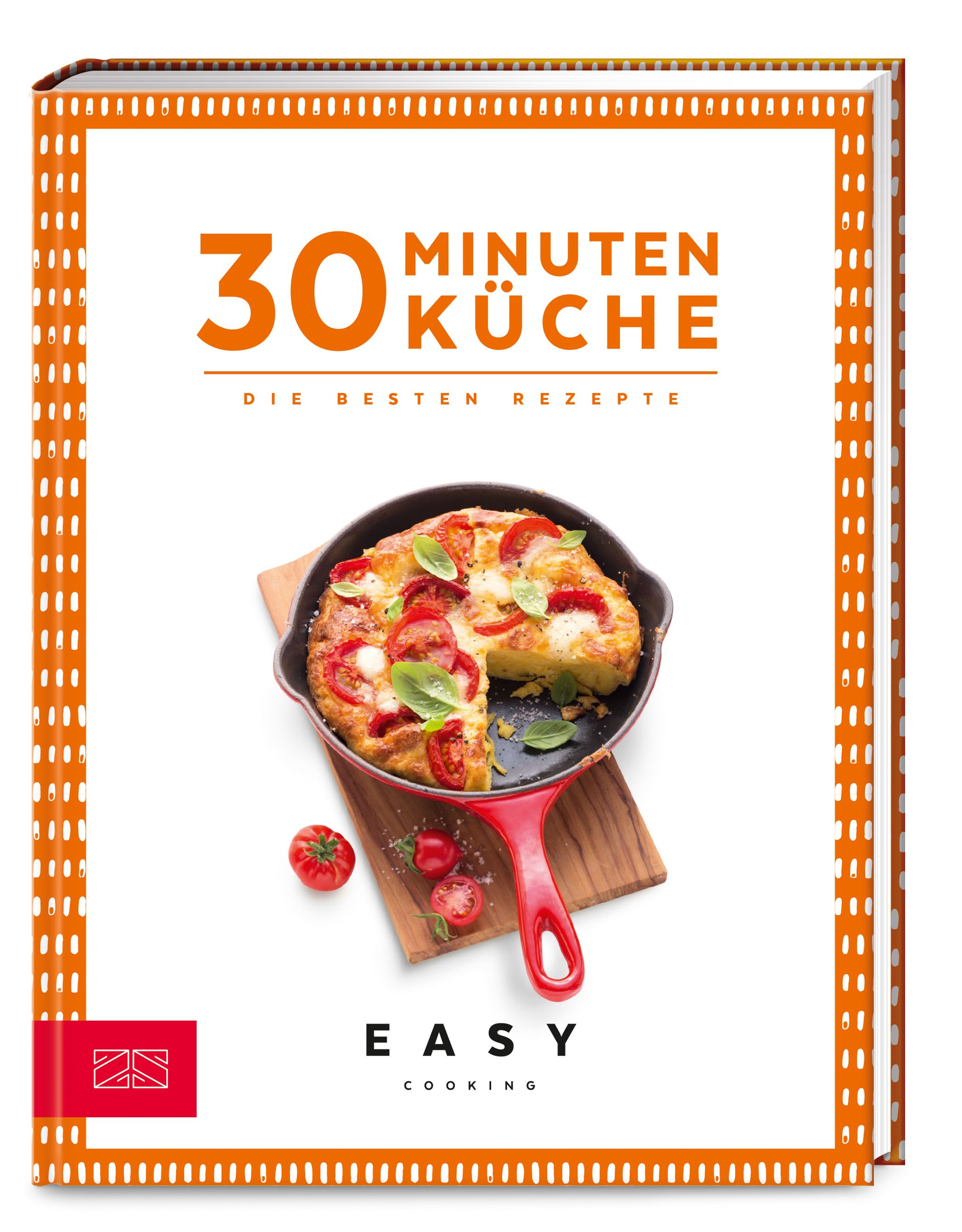 Kochbuch mit dem Titel "30 Minuten Küche". Auf dem Cover ein Gericht in einer roten Pfanne. Orangefarbener Rahmen.