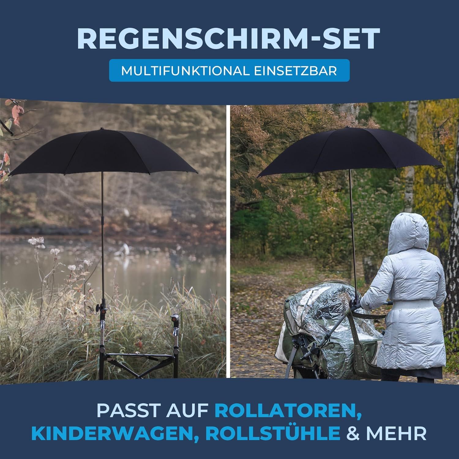 Zwei Bilder: Ein Rollator mit Schirm und eine Person mit Kinderwagen und Schirm. Text: Passt auf Rollatoren, Kinderwagen & mehr.