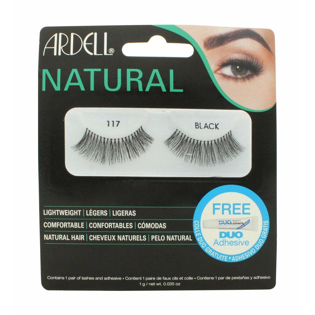 Ardell Natural Wimpern 117 Black. Schwarze Kunstwimpern in Verpackung. Enthält Kleber. Aufschrift: Natural, Lightweight, Comfortable, Natural Hair.