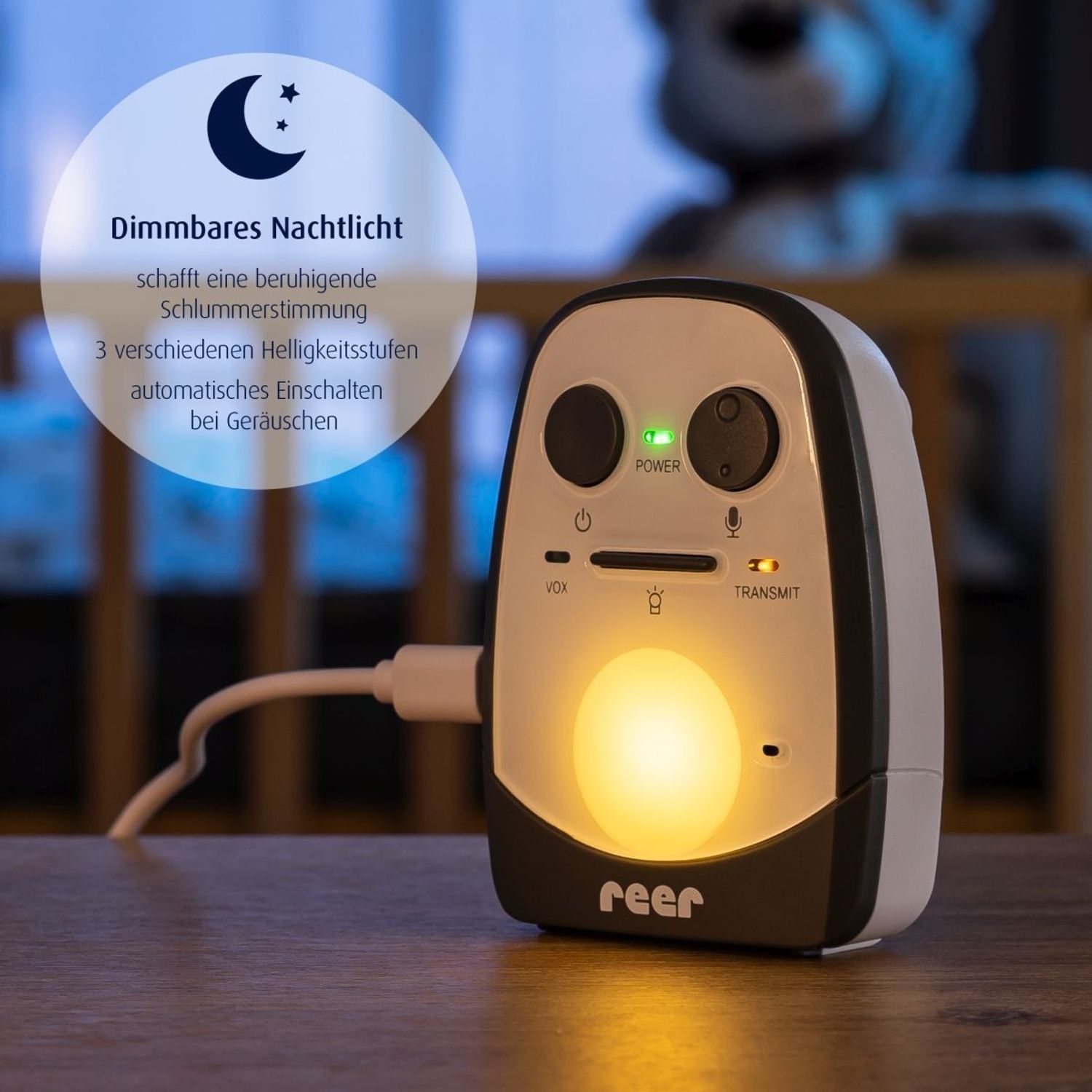 Reer Cosmo Babyphone Elterneinheit mit leuchtendem Nachtlicht.