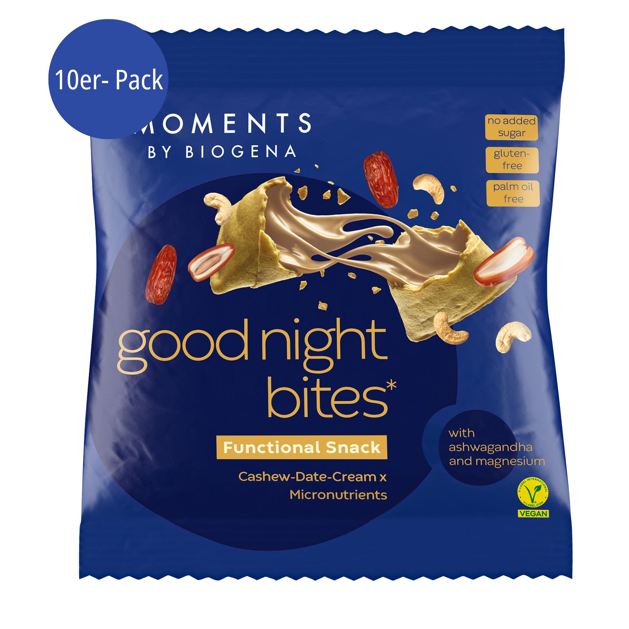 Blaue Verpackung mit Produktnamen und Logo. Aufschrift: good night bites. Enthält Cashew-Dattel-Creme und Mikronährstoffe. Vegan.