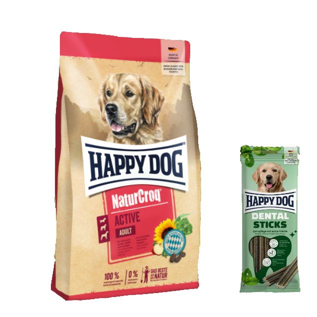 Happy Dog Premium NaturCroq Active + Dental Sticks für Hunde 15,1 kg