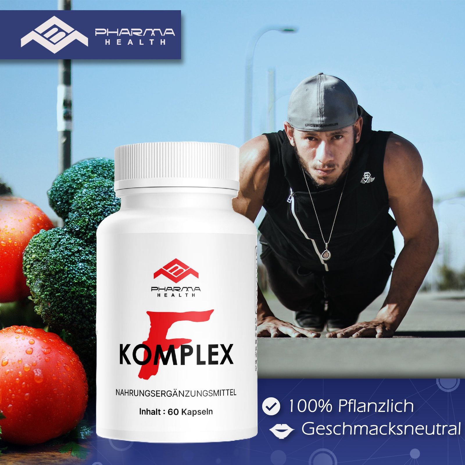 Weiße Flasche mit "F Komplex" vor Sportler. Logo "Pharma Health". Text: Nahrungsergänzungsmittel, Inhalt: 60 Kapseln. 100% pflanzlich, geschmacksneutral.