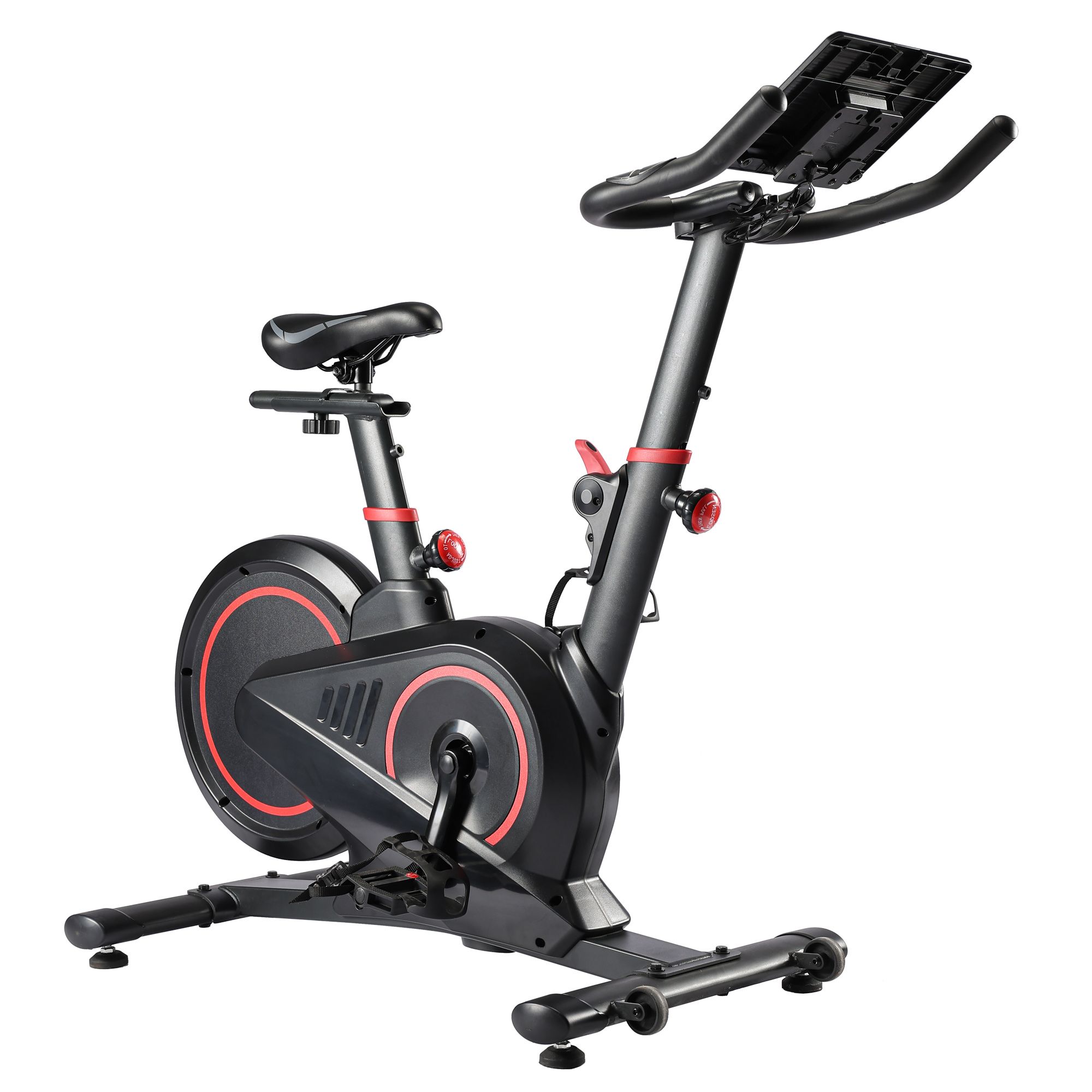 Schwarzes Spinning-Fahrrad mit rotem Akzent, verstellbarem Sattel und Lenker, mit digitaler Anzeige.