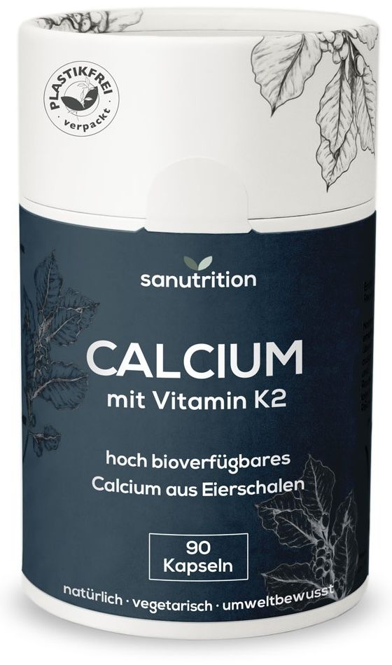 Zylindrische Dose mit Sanutrition Calcium mit Vitamin K2. Enthält 90 Kapseln. Kunststofffrei verpackt.
