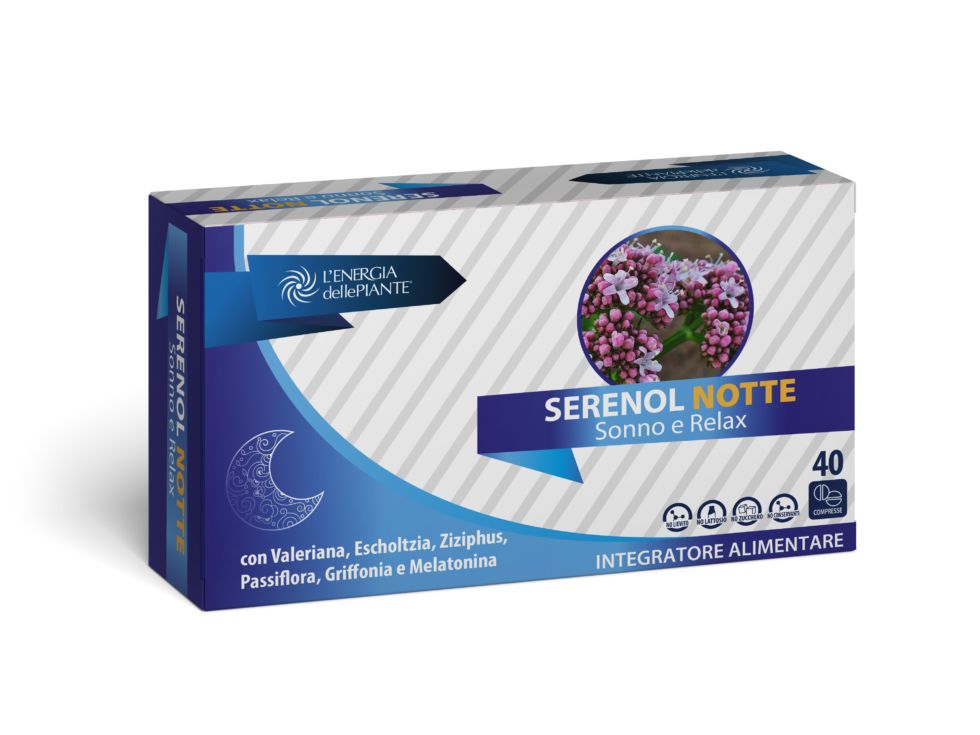 Karton von Serenol Notte. Aufschrift: Serenol Notte, Sonno e Relax. Enthält 40 Tabletten. Mit Inhaltsstoffen wie Valeriana und Melatonina.