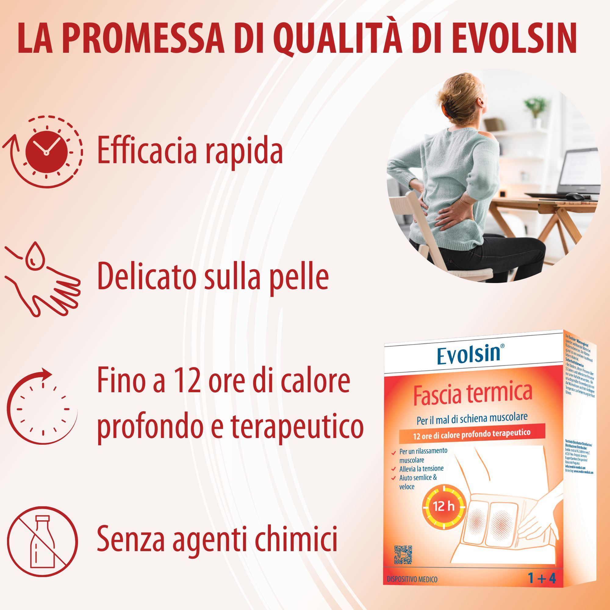 Prodotto Evolsin®. Confezione con informazioni e illustrazione della fascia termica.